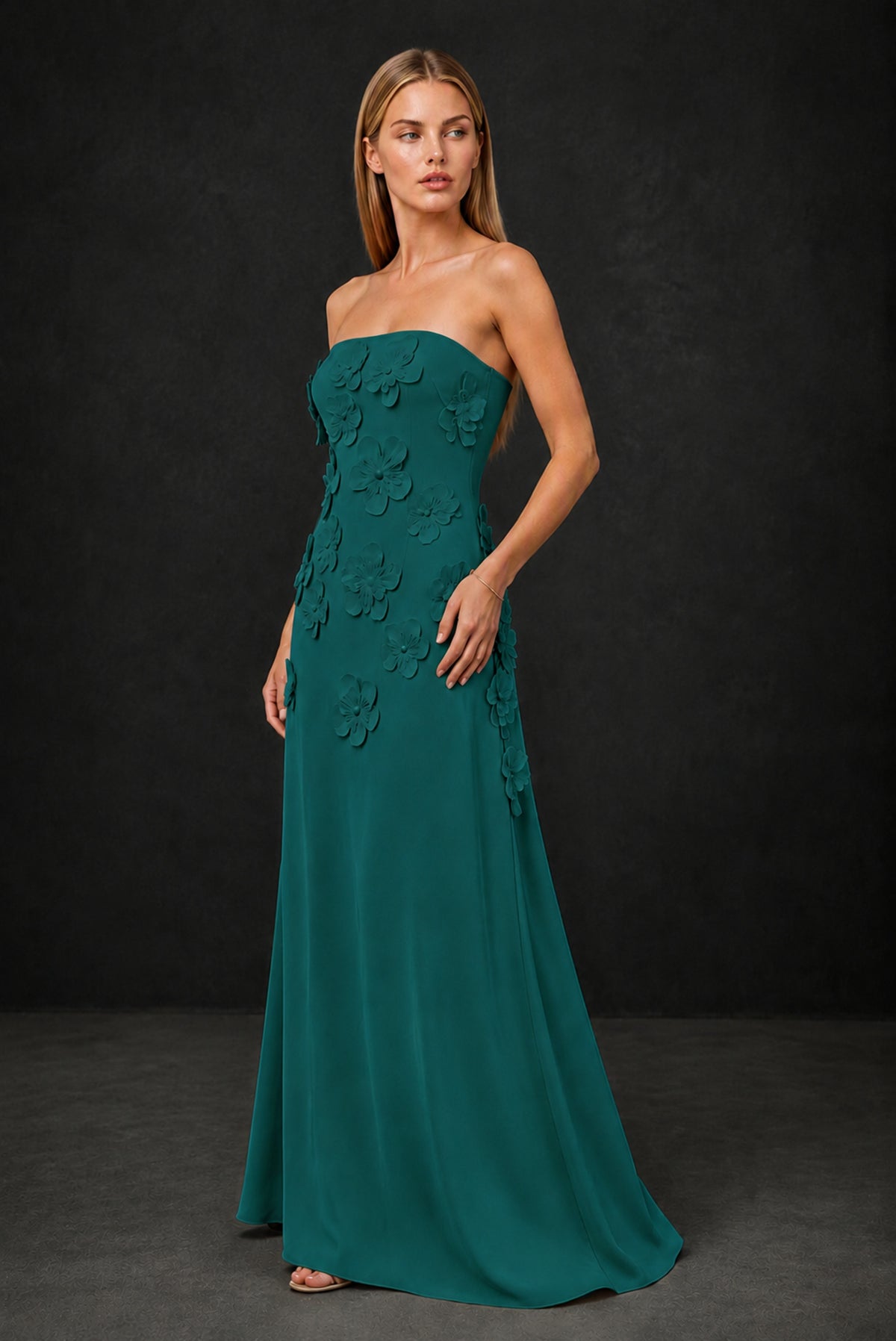 BOLODOO Peacock Strapless 3D Floral Appliqué Crepe Maxi Gown - Peacock