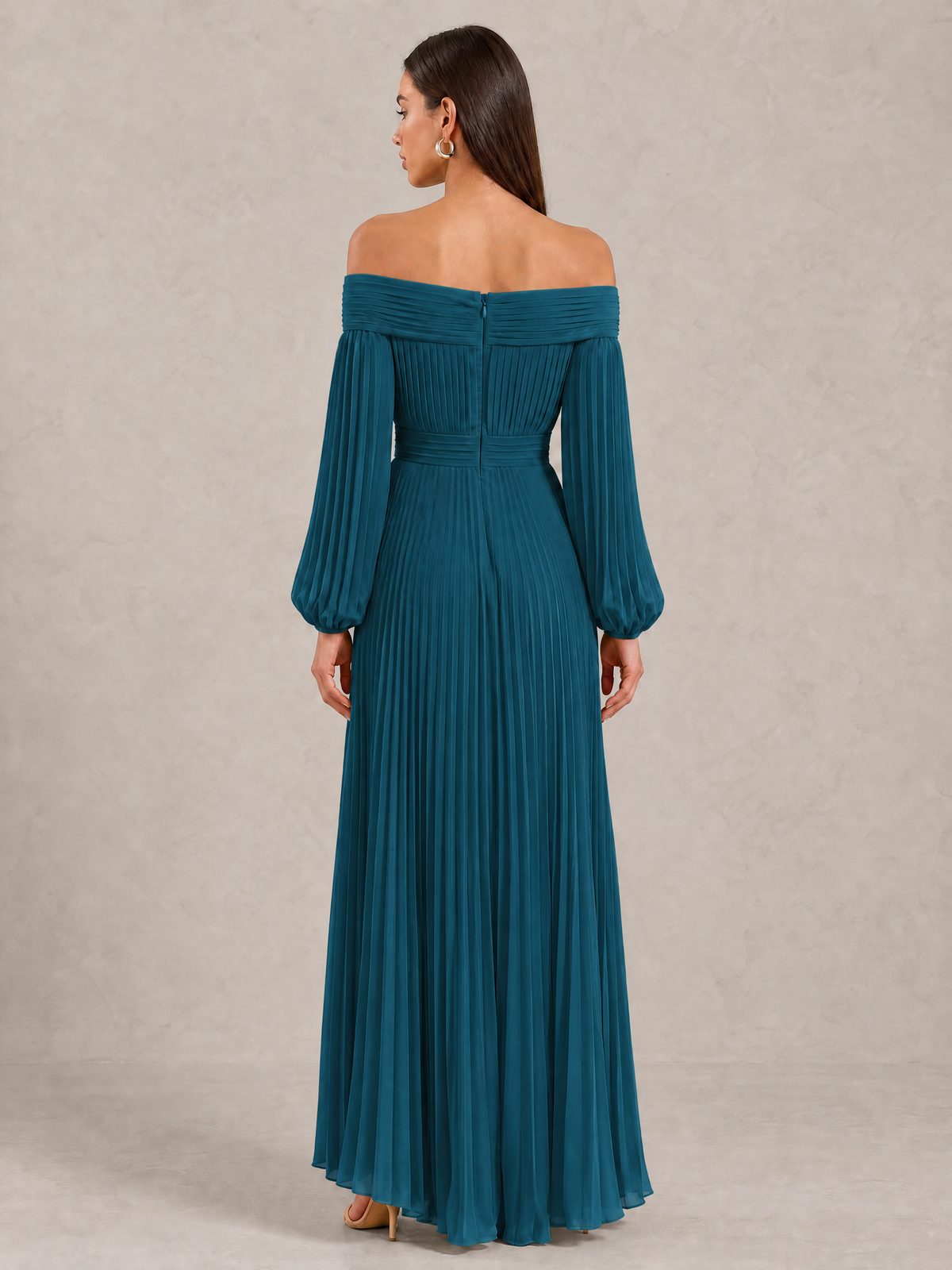 BOLODOO Peacock Off-Shoulder Long Sleeve Pleated High-Low Dress - Peacock - Peacock_4