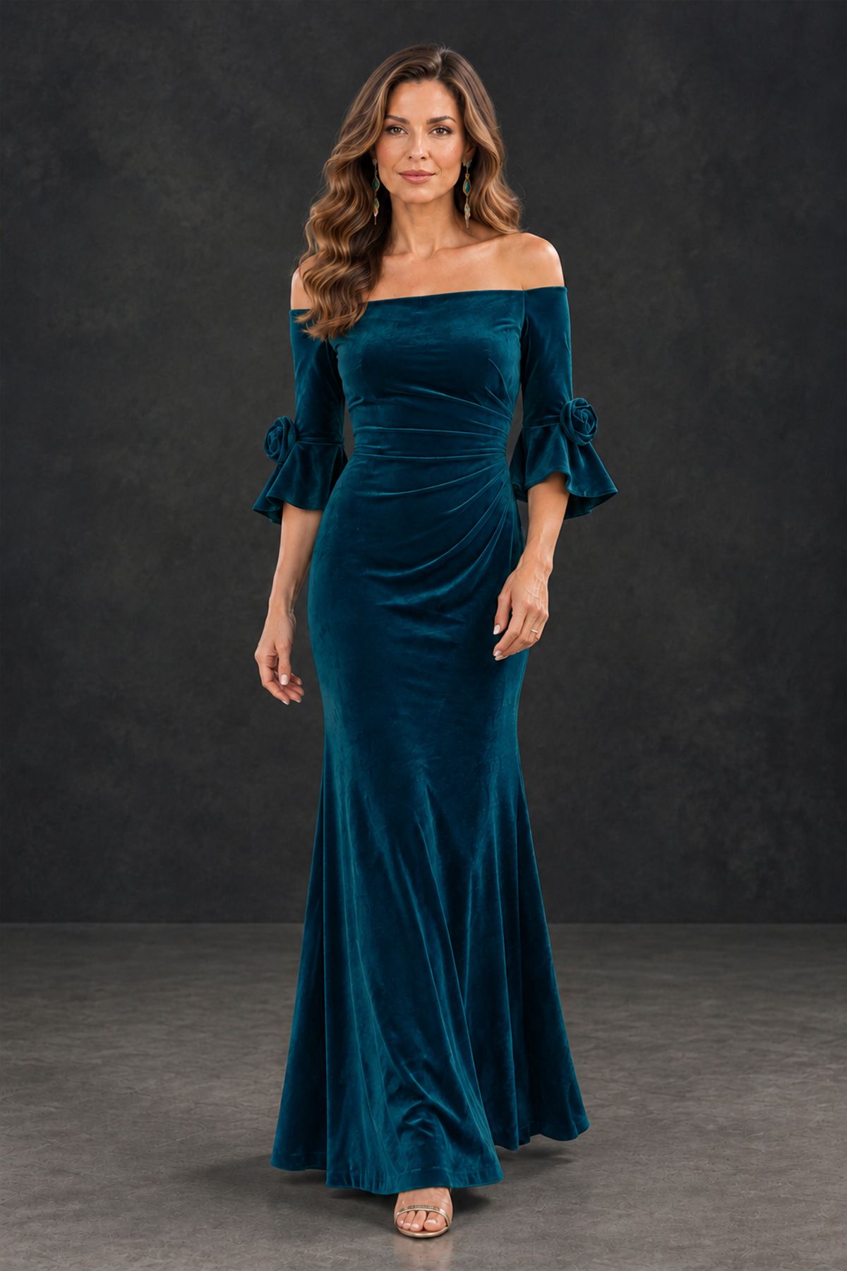 BOLODOO Peacock Velvet Mother of the Bride Dress with Rosette Sleeves - Peacock - Peacock_4