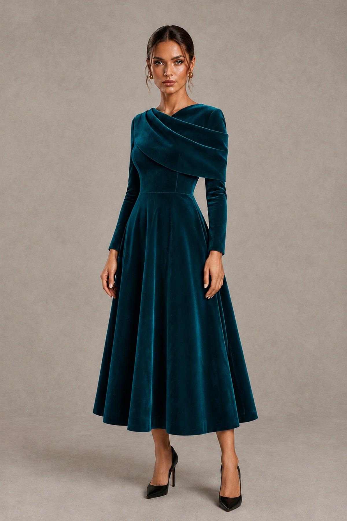 BOLODOO Peacock Velvet-Look Long Sleeve Tea-Length A-Line Dress with Draped Neckline - Peacock - Peacock_4