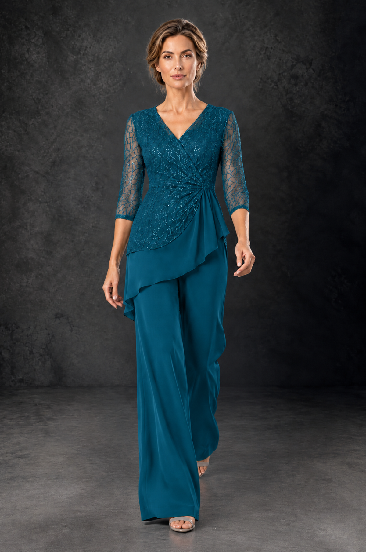 BOLODOO Peacock Sequin Lace 3/4 Sleeve Chiffon Mother of the Bride Pant Suit - Peacock - Peacock_4
