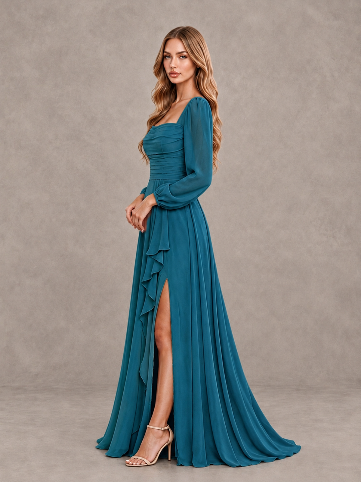 BOLODOO Peacock Square Neck Long Sleeve Bridesmaid Dress with Ruffle Slit - Peacock - Peacock_4