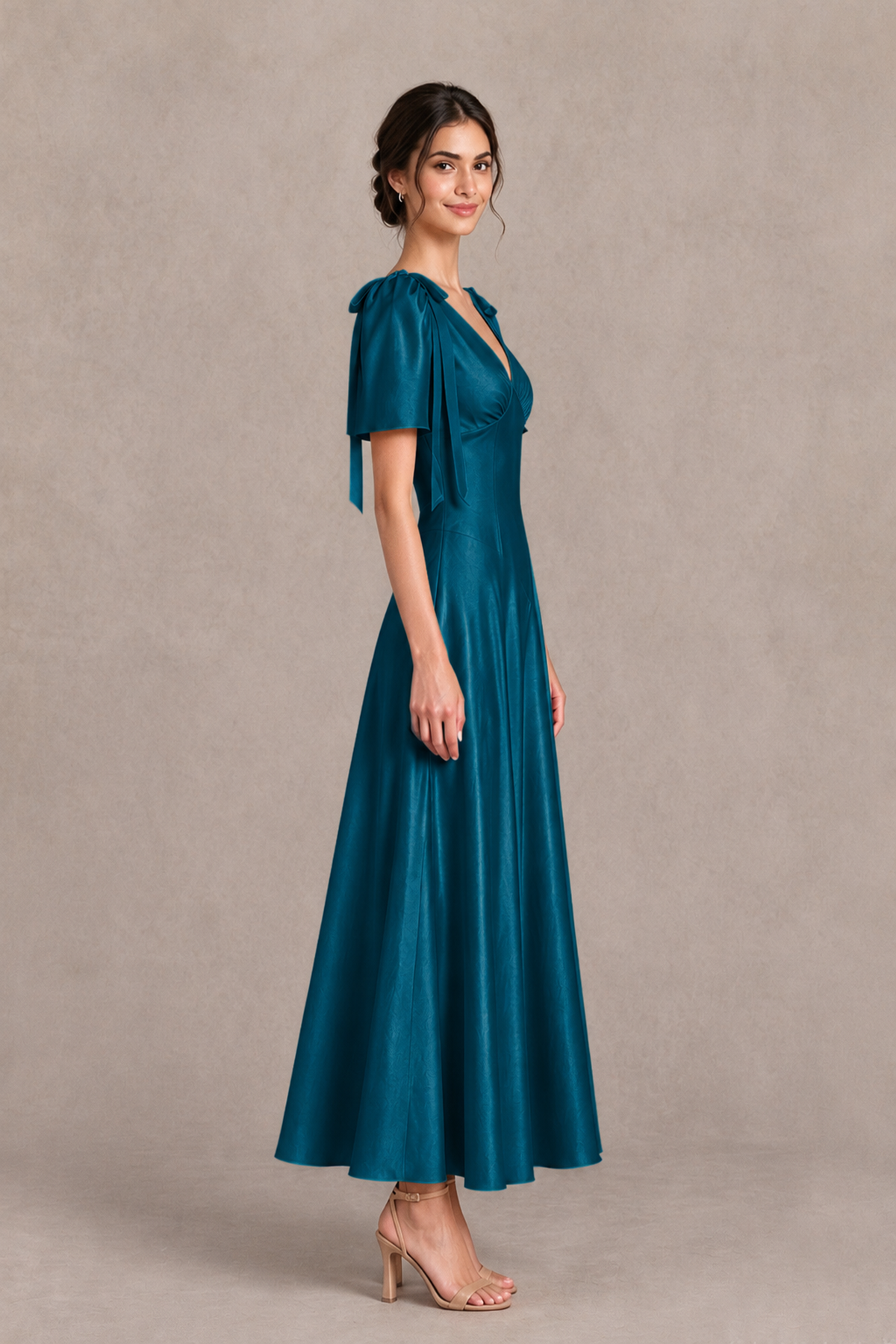 BOLODOO Peacock V-Neck Short Sleeve Satin-Look Bridesmaid Dress with Shoulder Bows - Peacock - Peacock_4