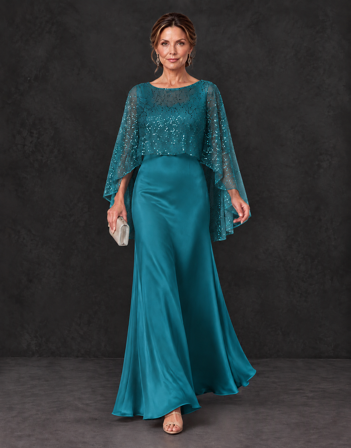 BOLODOO Peacock Sparkle Cape Sleeve Mother of the Bride Dress - Peacock - Peacock_4