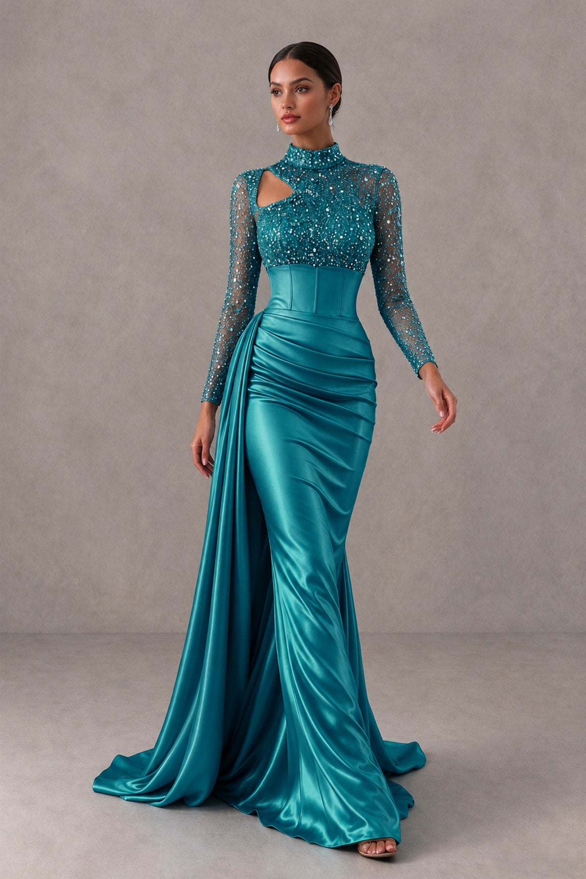 BOLODOO Peacock Long Sleeve Embellished Satin Mermaid Evening Gown - Peacock - Peacock_4