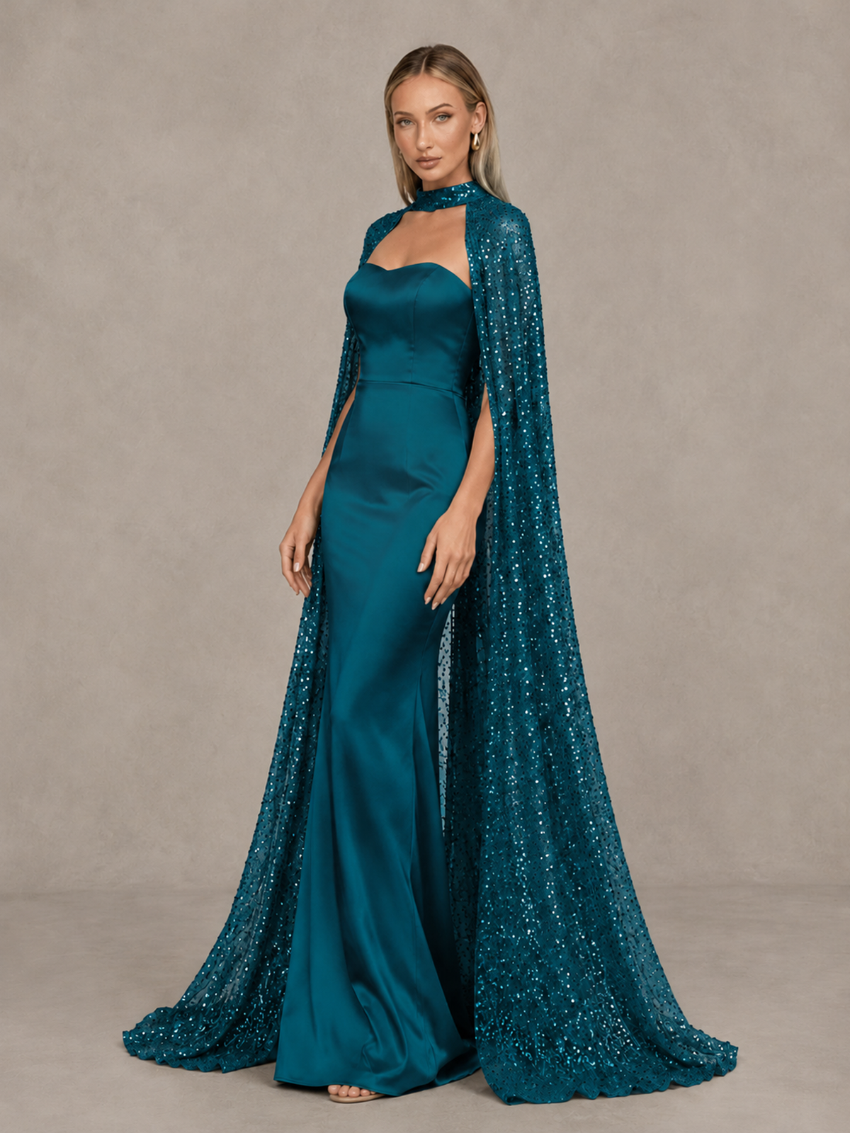 BOLODOO Peacock Strapless Satin-Look Evening Gown with Sequin Cape - Peacock - Peacock_4