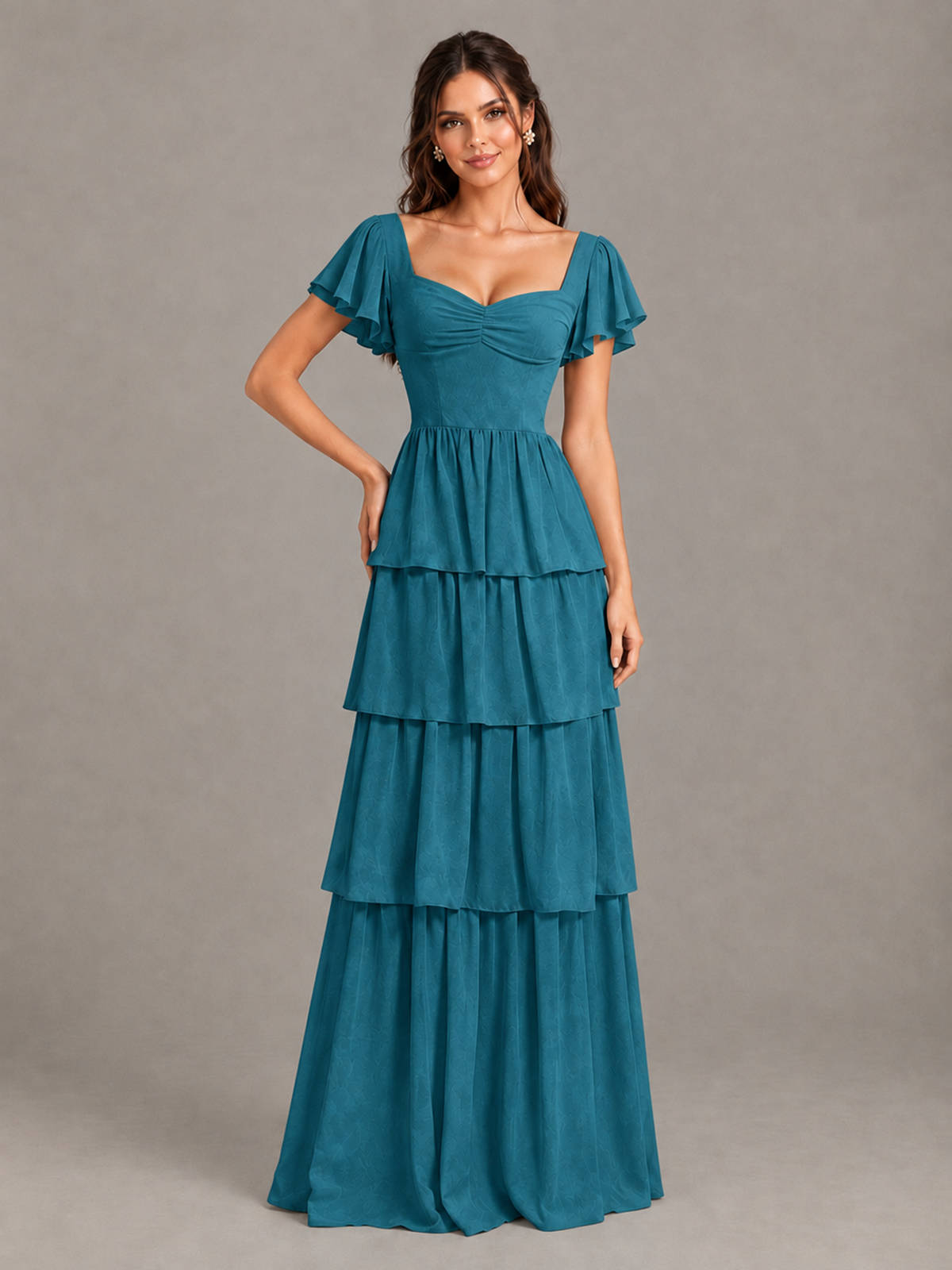 BOLODOO Peacock Flutter Sleeve Tiered Maxi Bridesmaid Dress - Peacock - Peacock_4