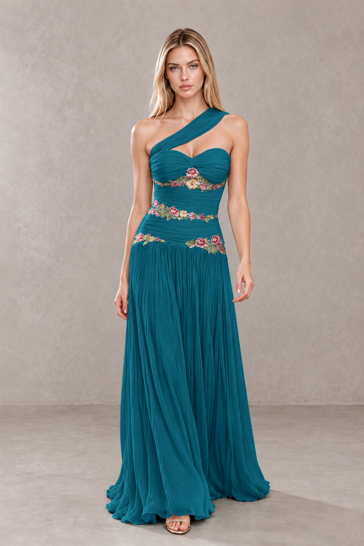 BOLODOO Peacock One-Shoulder Floral Applique A-Line Evening Dress - Peacock - Peacock_4
