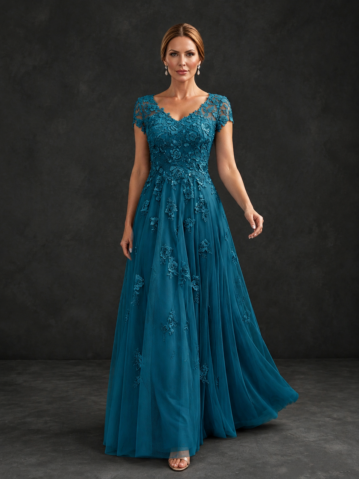 BOLODOO Peacock Cap Sleeve Lace Appliqué A-Line Formal Gown | Mother of the Bride Dress - Peacock - Peacock_4