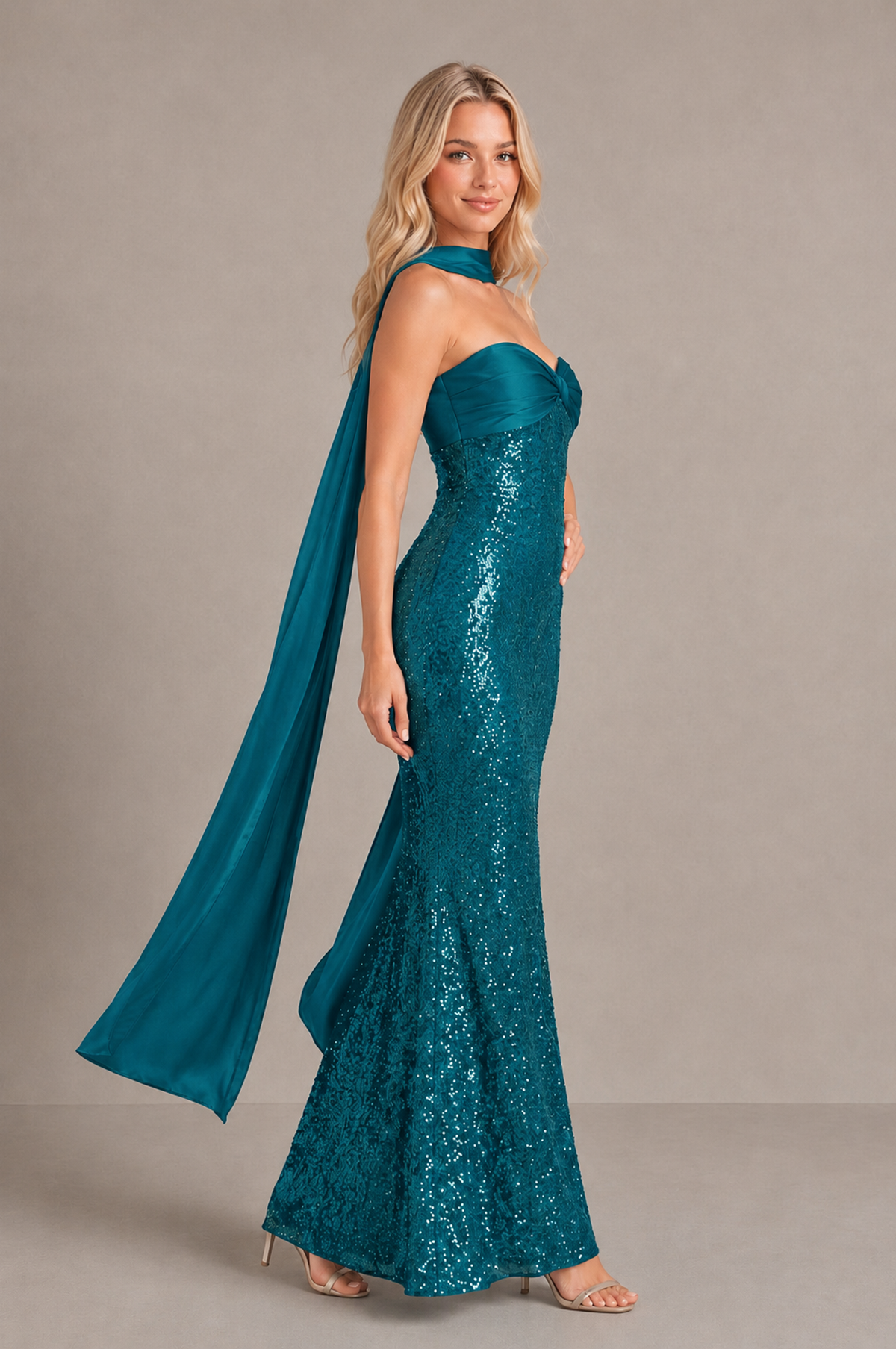 BOLODOO Peacock Strapless Sweetheart Evening Dress with Scarf - Peacock - Peacock_4