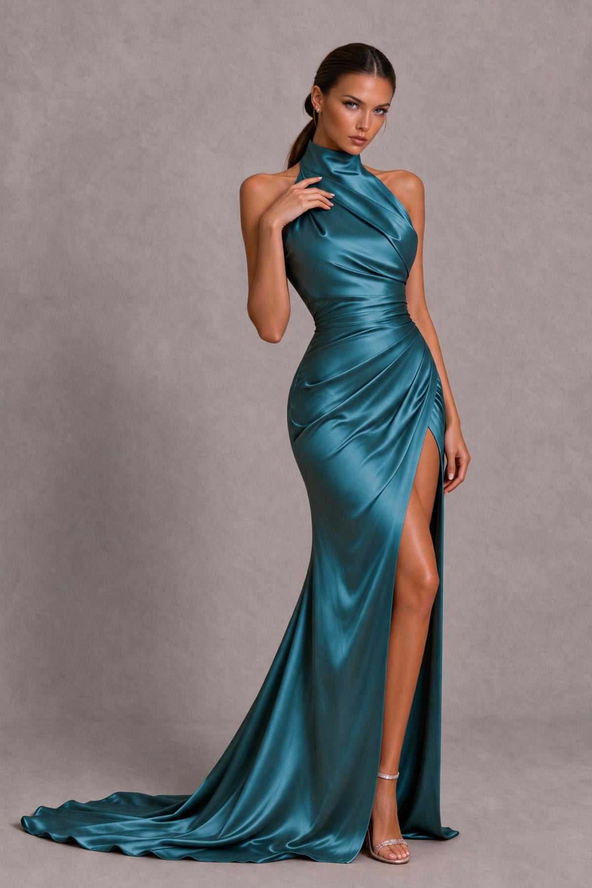 BOLODOO Peacock Halter Satin-Look Evening Gown with High Slit - Peacock - Peacock_4