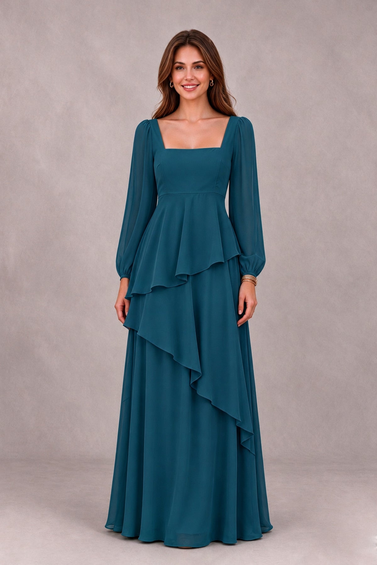 BOLODOO Peacock Long Sleeve Ruffle Bridesmaid Dresses - Peacock - Peacock_4