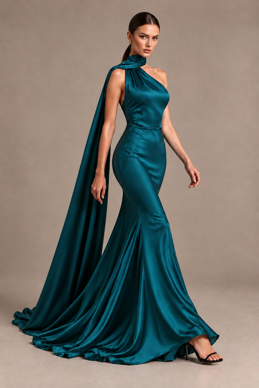 BOLODOO Peacock One-Shoulder Satin Mermaid Evening Dress with Scarf - Peacock - Peacock_4