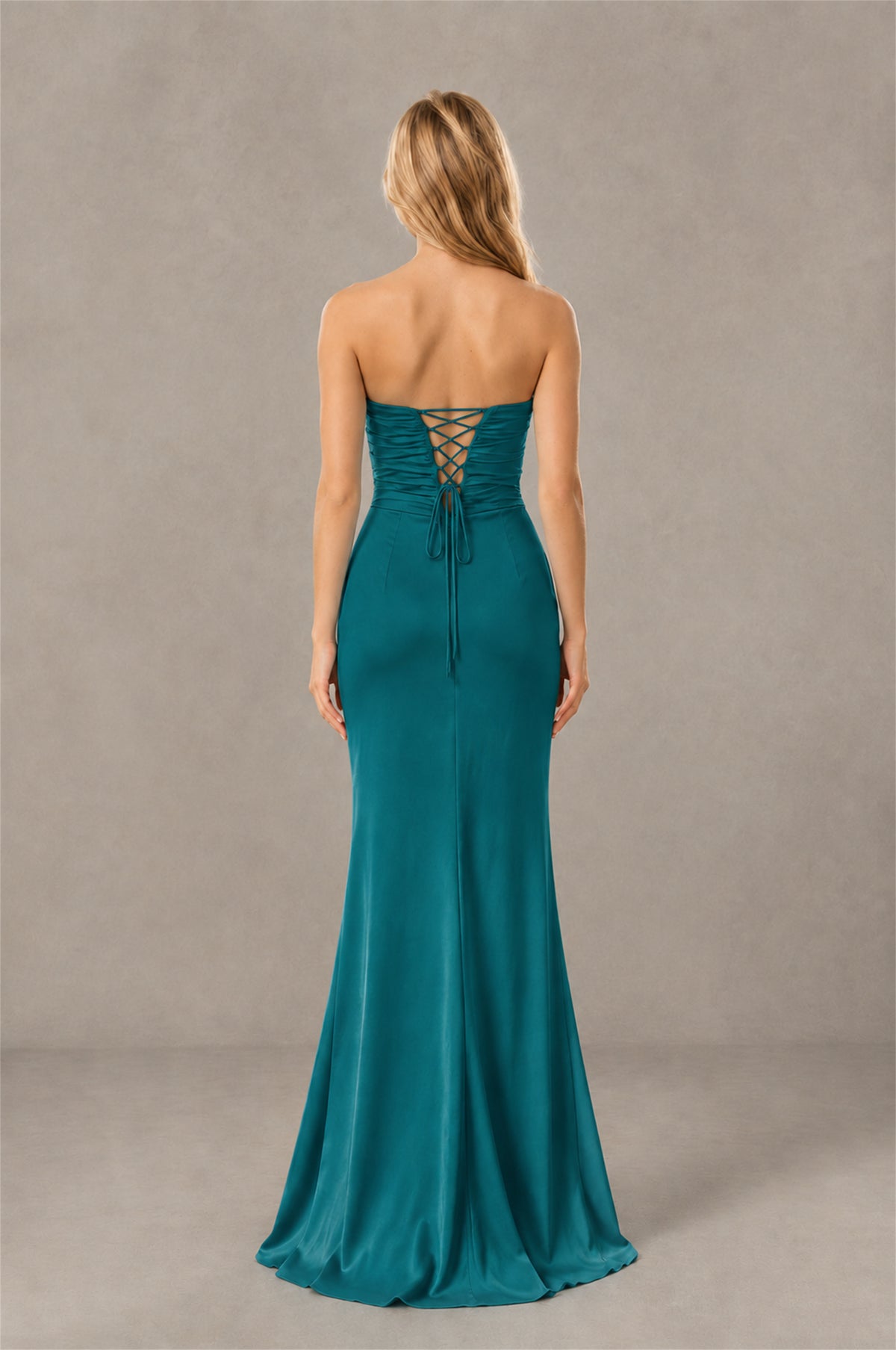 BOLODOO Peacock Sweetheart Strapless Twist Knot Cutout Lace-Up Back Satin Mermaid Maxi Dress - Peacock - Peacock(4)