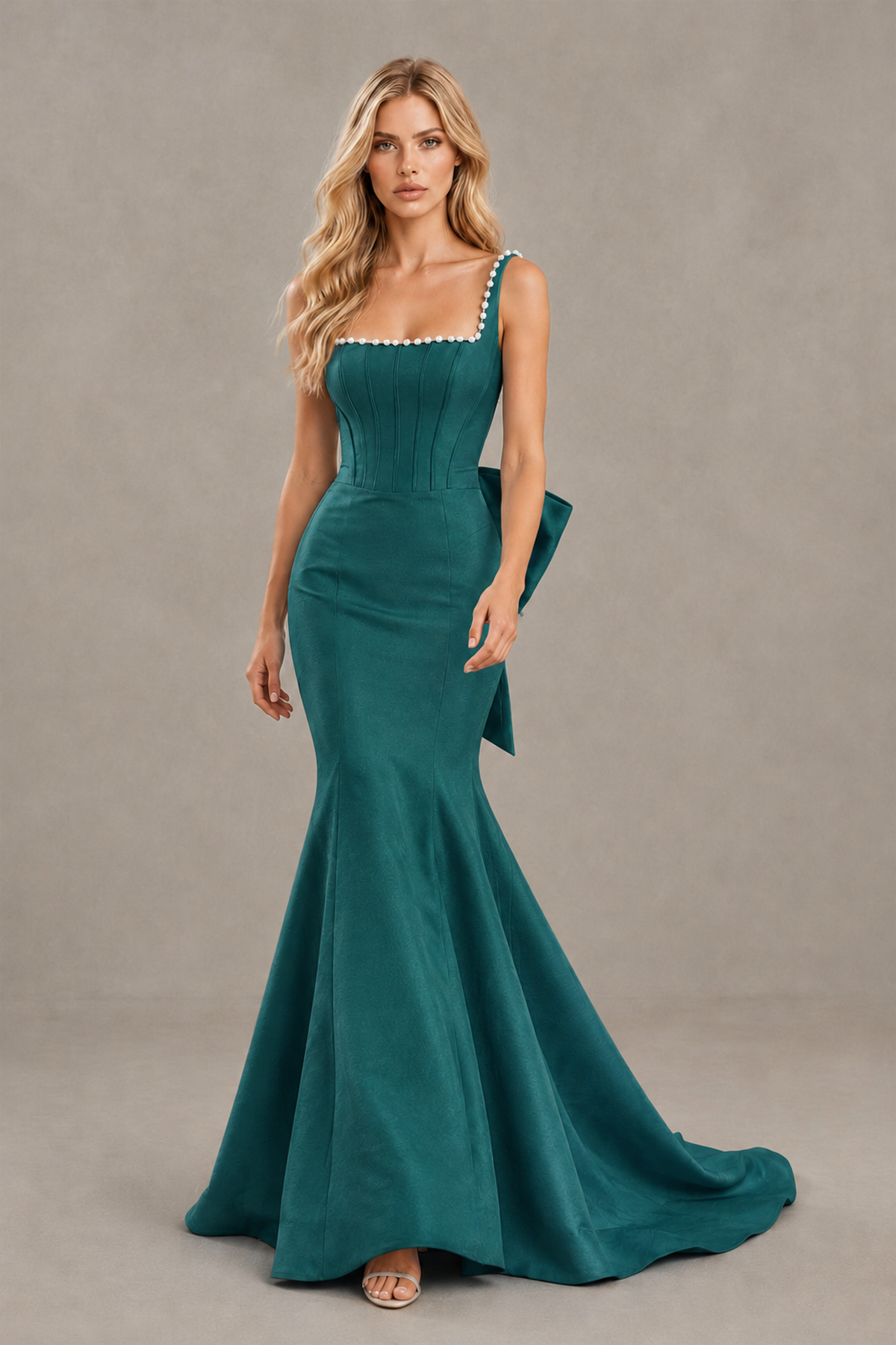 BOLODOO Peacock Pearl-Trim Mermaid Prom Dress with Back Bow - Peacock - Peacock_4