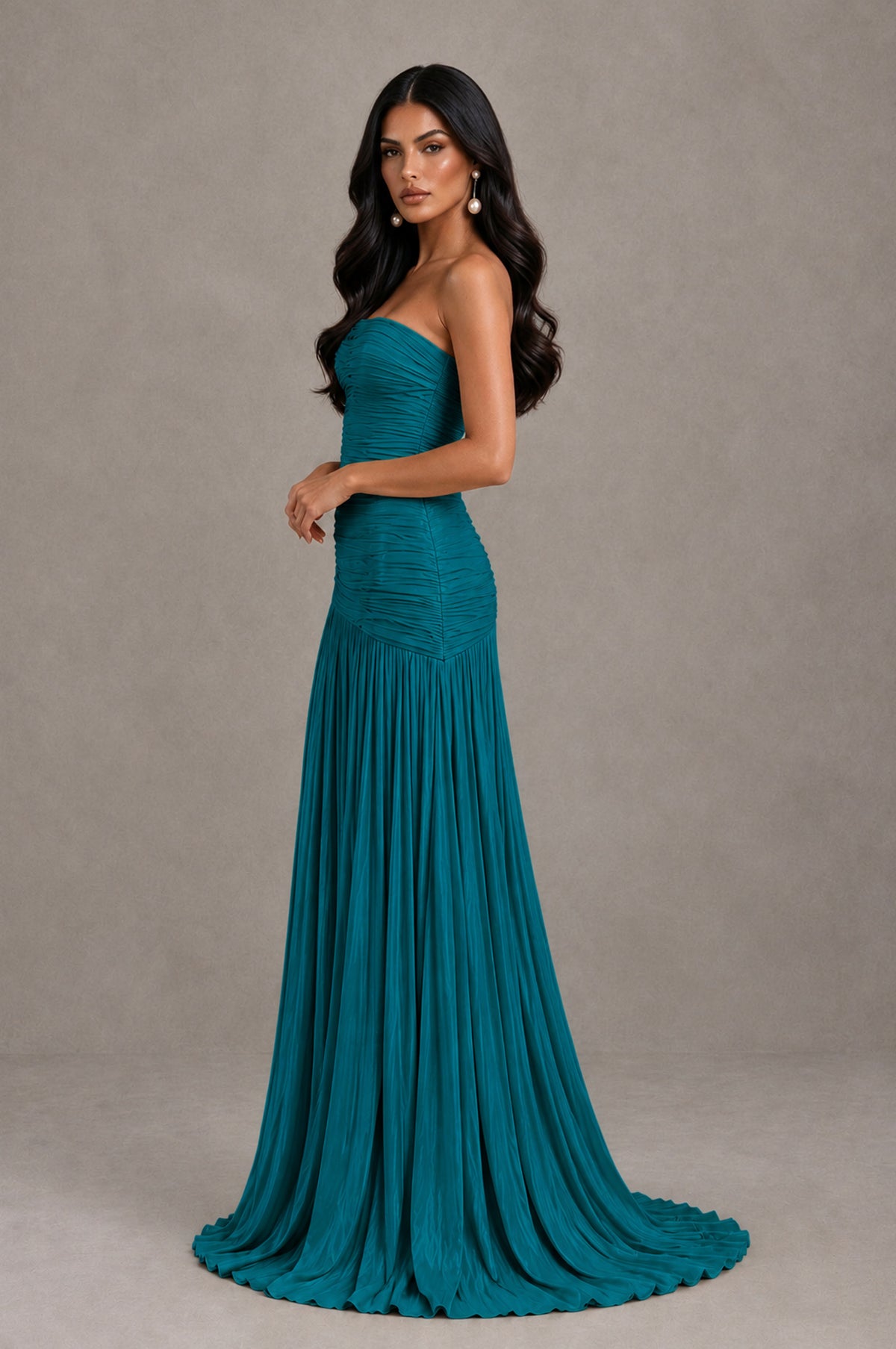 BOLODOO Peacock Metallic Ruched Strapless Pleated A-Line Backless Maxi Dress with Train - Peacock - Peacock_4