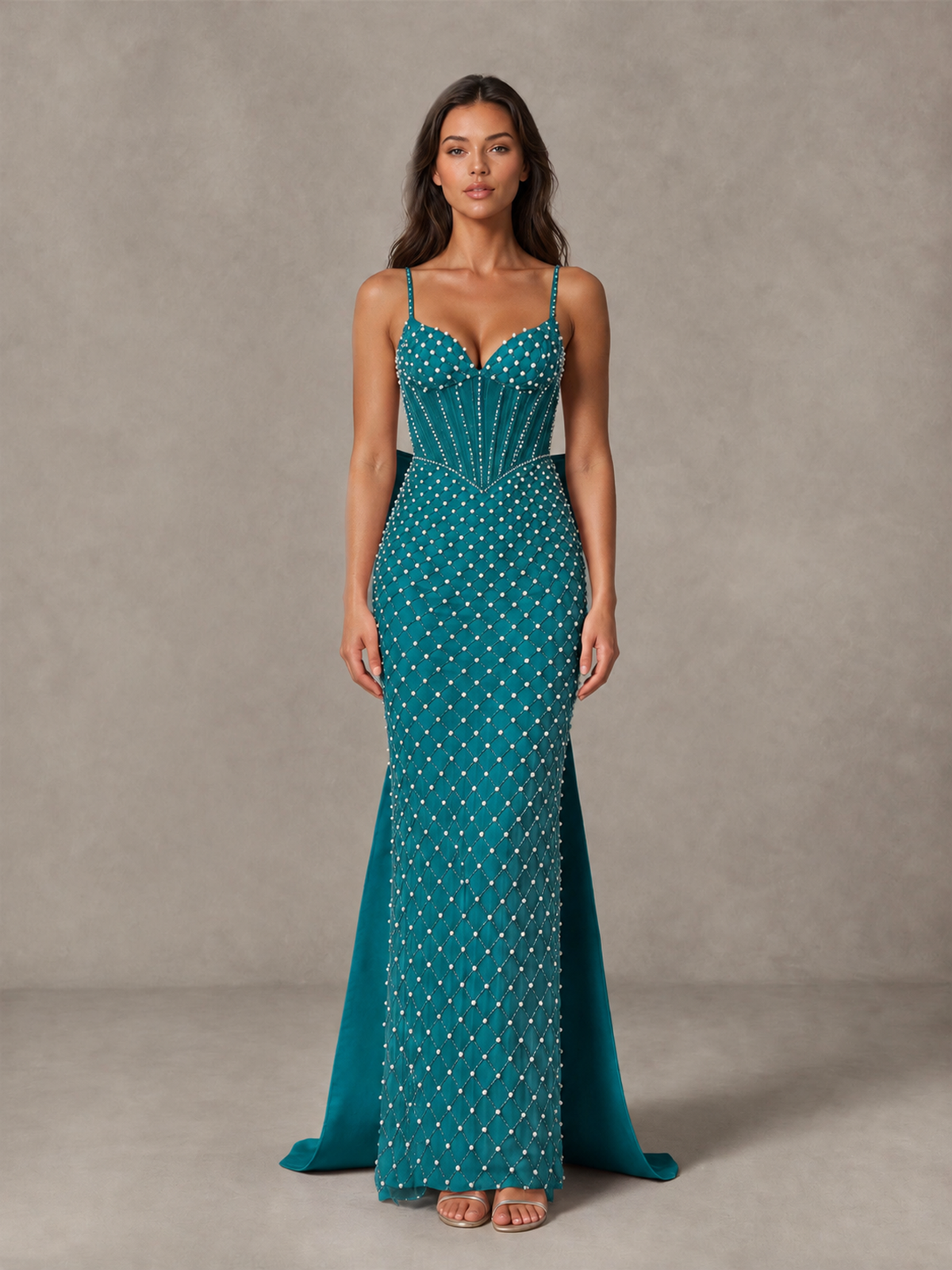 BOLODOO Peacock Beaded Corset Prom Dress with Bow Train - Peacock - Peacock_4