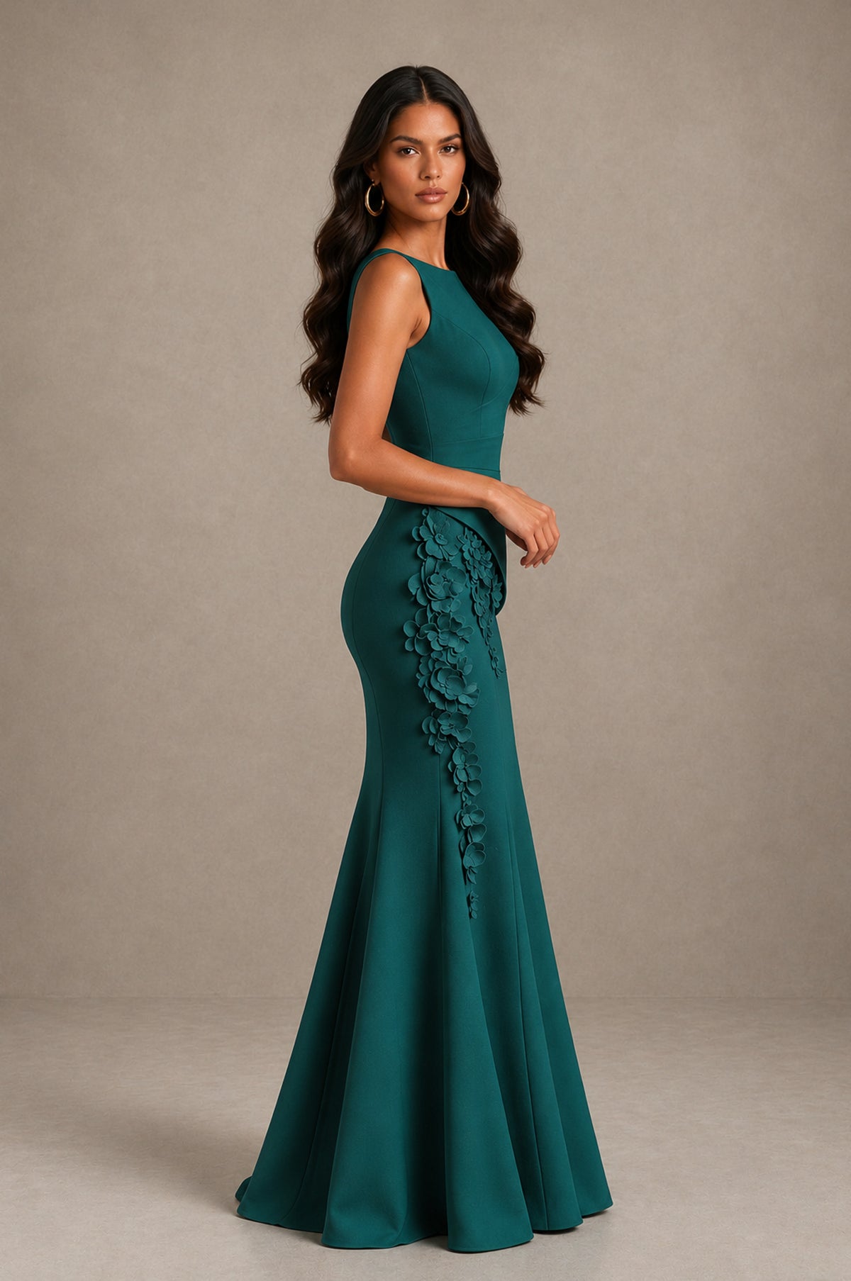 BOLODOO Peacock Bateau Neck Sleeveless Asymmetric Peplum 3D Petal Appliqué Mermaid Gown BD0421 - Peacock - Peacock_4