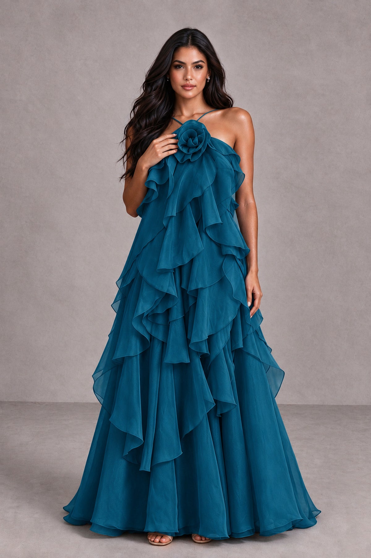 BOLODOO Peacock Cascading Ruffle Rosette Open-Back Maxi Dress - Peacock - Peacock_4