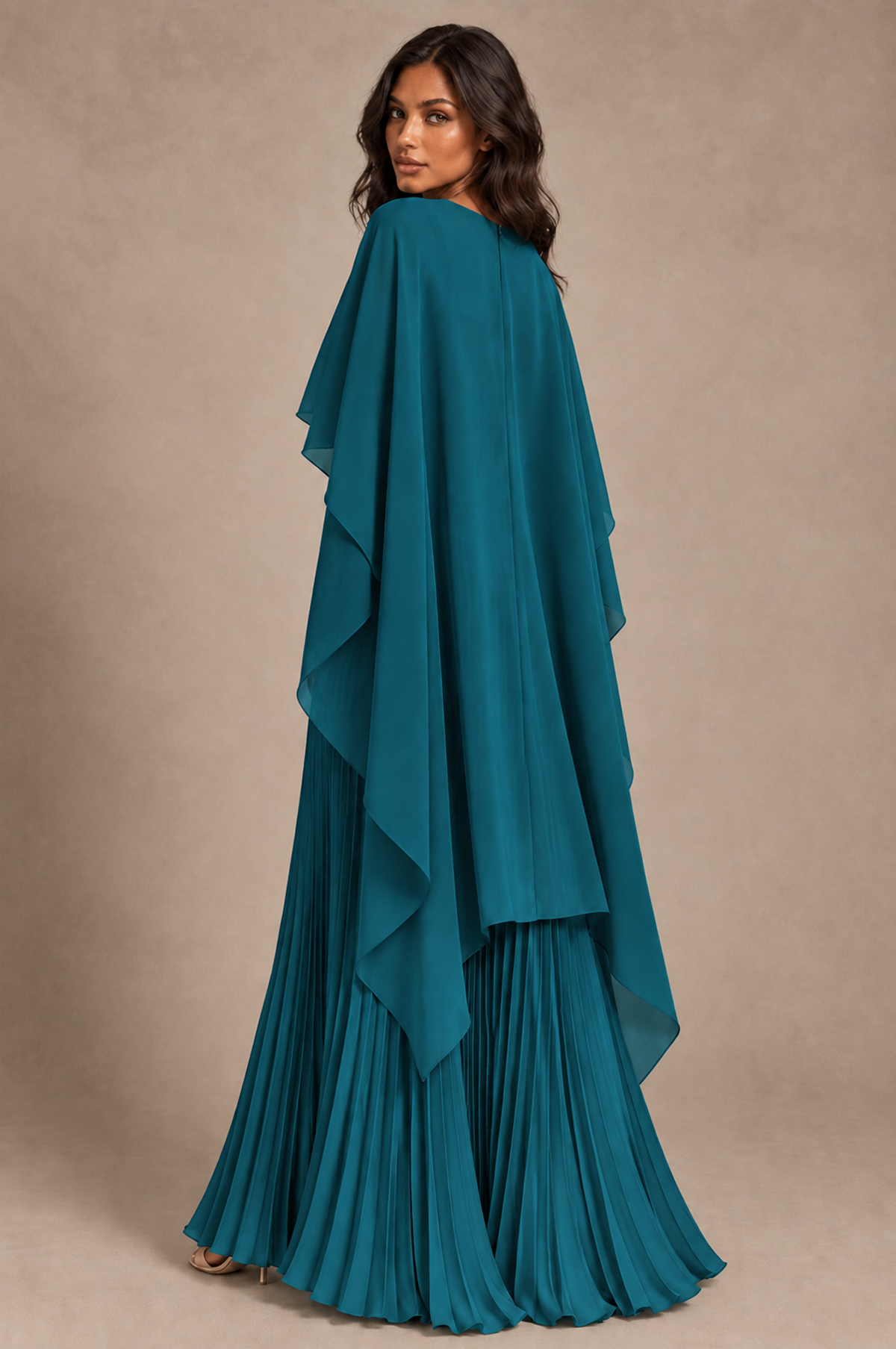 BOLODOO Peacock Pleated Cape A-Line Evening Dress - Peacock - Peacock_4