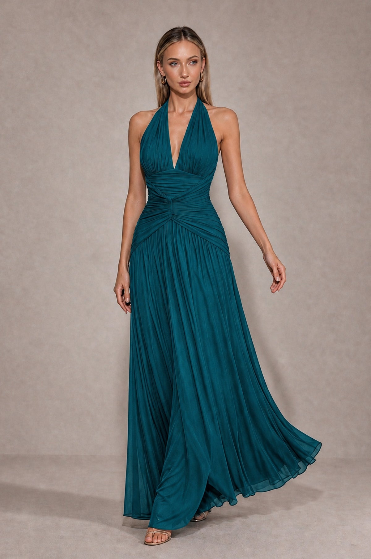 BOLODOO Peacock Chiffon Halter Deep V-Neck Ruched A-Line Backless Maxi Dress with Train-BD0167 - Peacock - Peacock_4