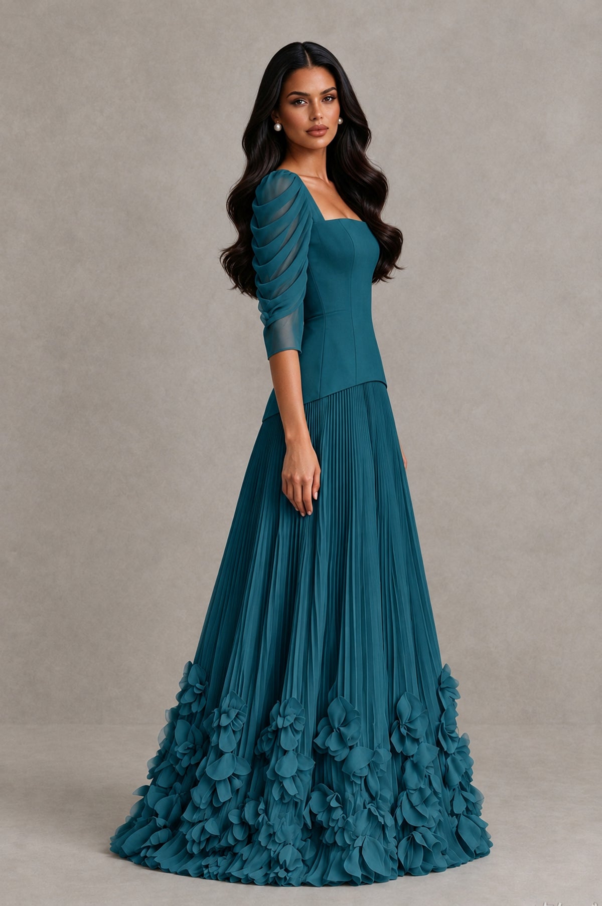 BOLODOO Peacock Square Neck Pleated Floral Applique Evening Dress - Peacock - Peacock_4