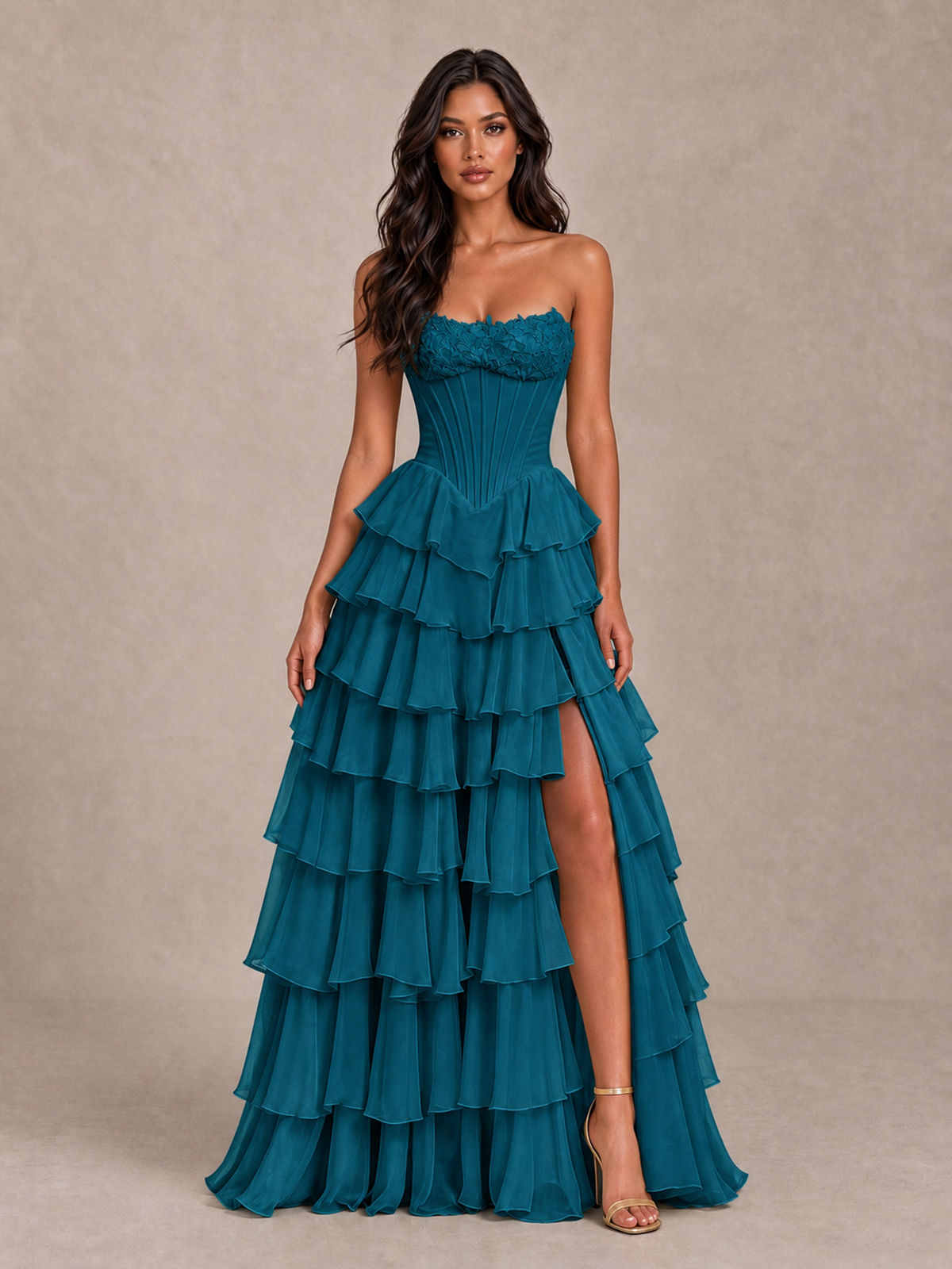 BOLODOO Peacock Strapless Corset Tiered Ruffle Prom Dress with High Slit - Peacock - Peacock_4