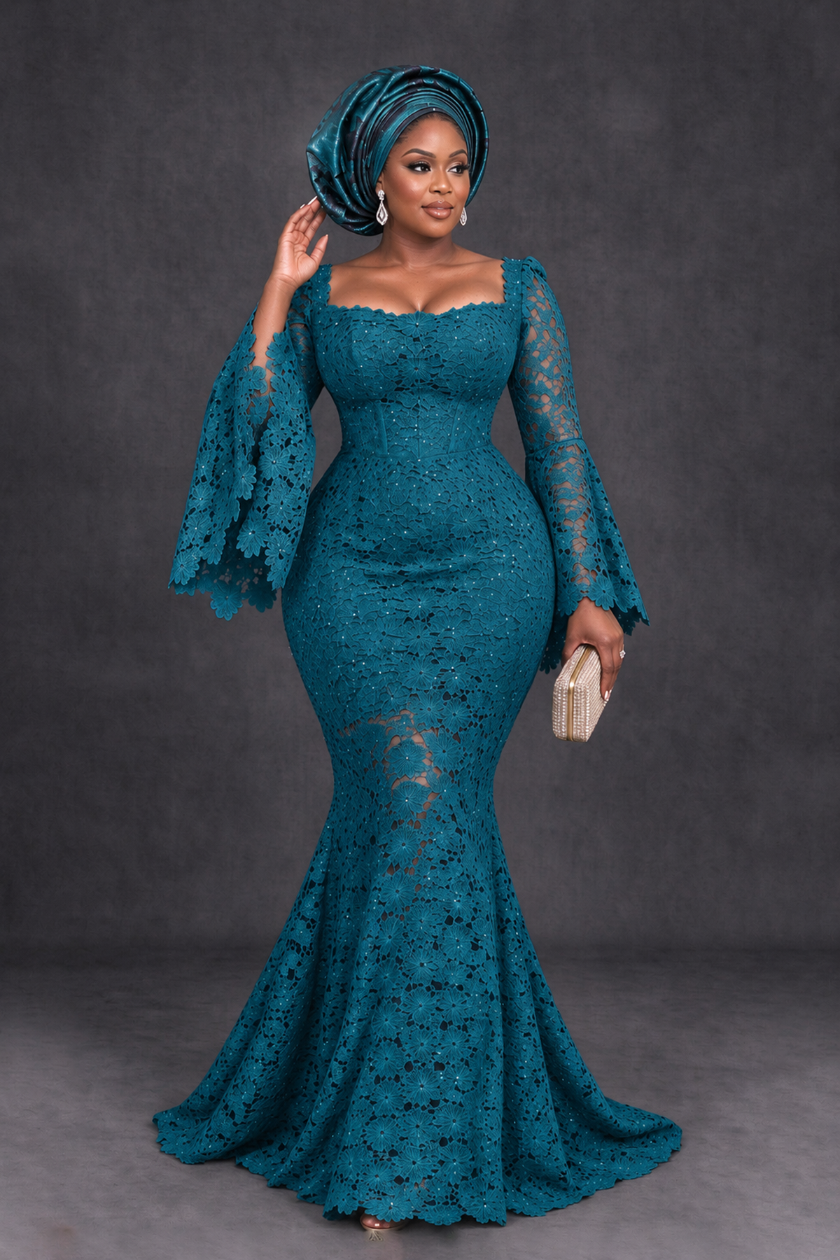 BOLODOO Peacock African Lace Mermaid Dress, Plus Size Nigerian Wedding Guest Gown with Bell Sleeves - Peacock - Peacock_4
