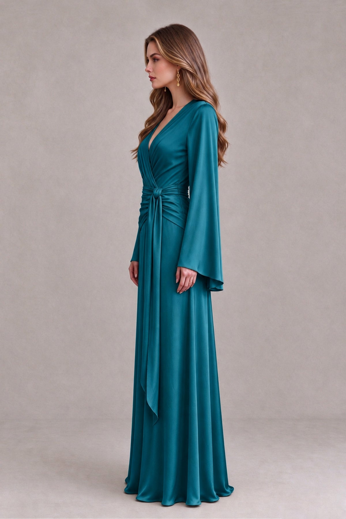 BOLODOO Peacock Yellow Satin-Look V-Neck Long Bell Sleeve Evening Dress - Peacock - Peacock_4