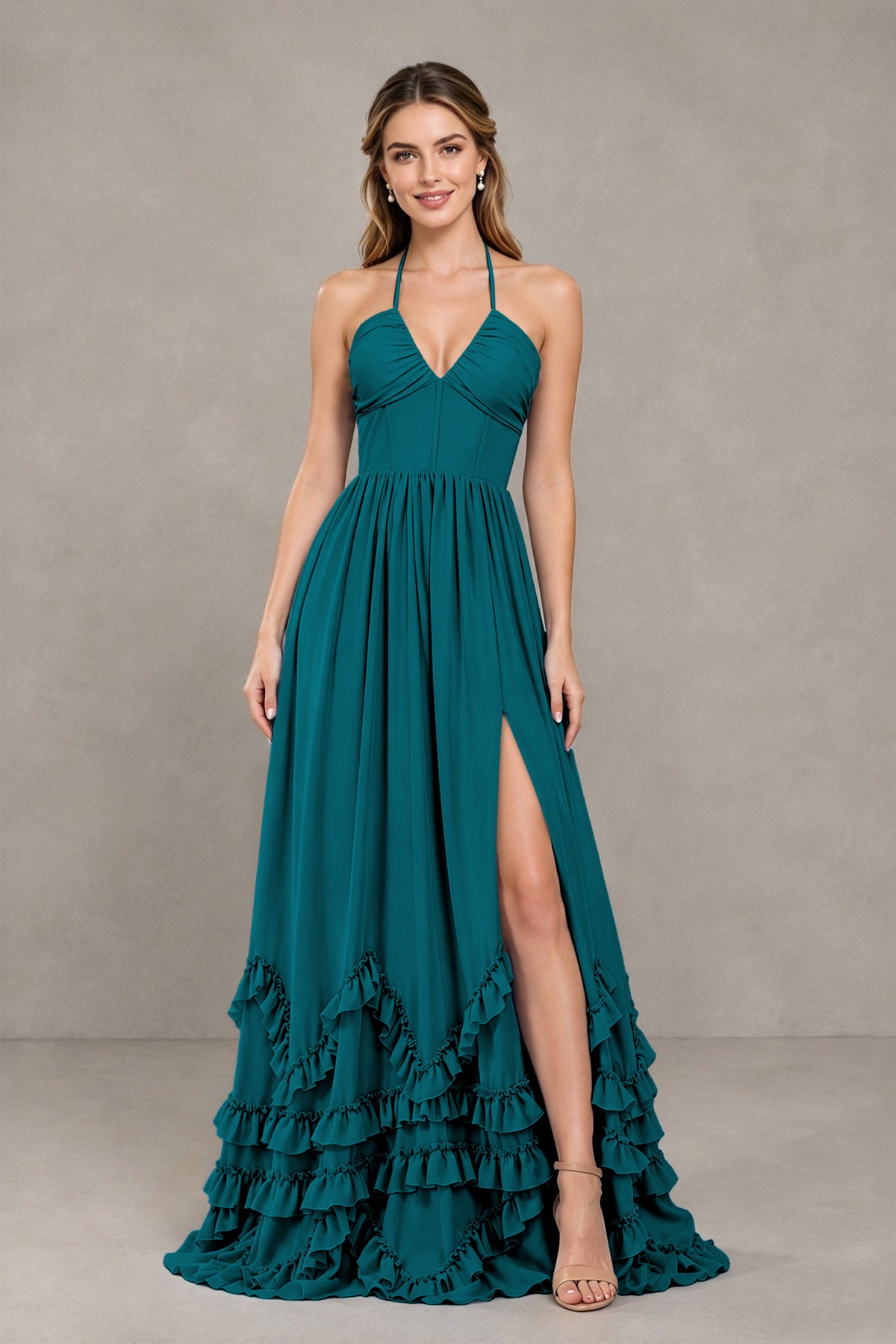 BOLODOO Peacock Halter Ruffle Hem A-Line Bridesmaid Dress with High Slit - Peacock - Peacock(4)