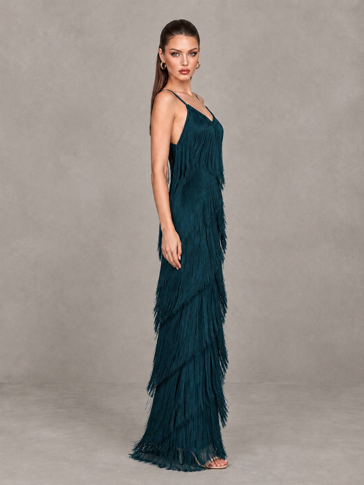 BOLODOO Peacock V-Neck Spaghetti Strap Fringe Maxi Evening Dress - Peacock - Peacock_4