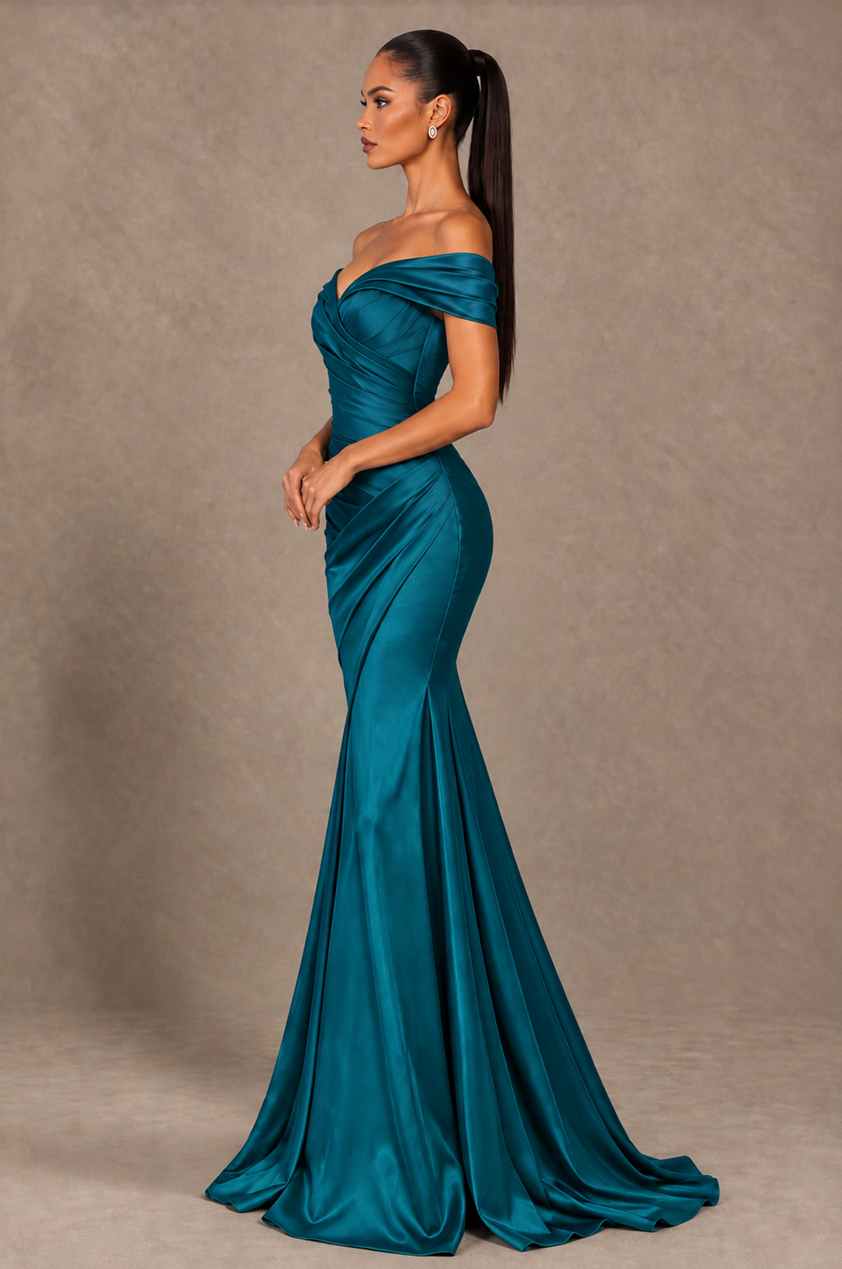 BOLODOO Peacock Off-the-Shoulder Ruched Satin Mermaid Evening Dress - Peacock - Peacock_4