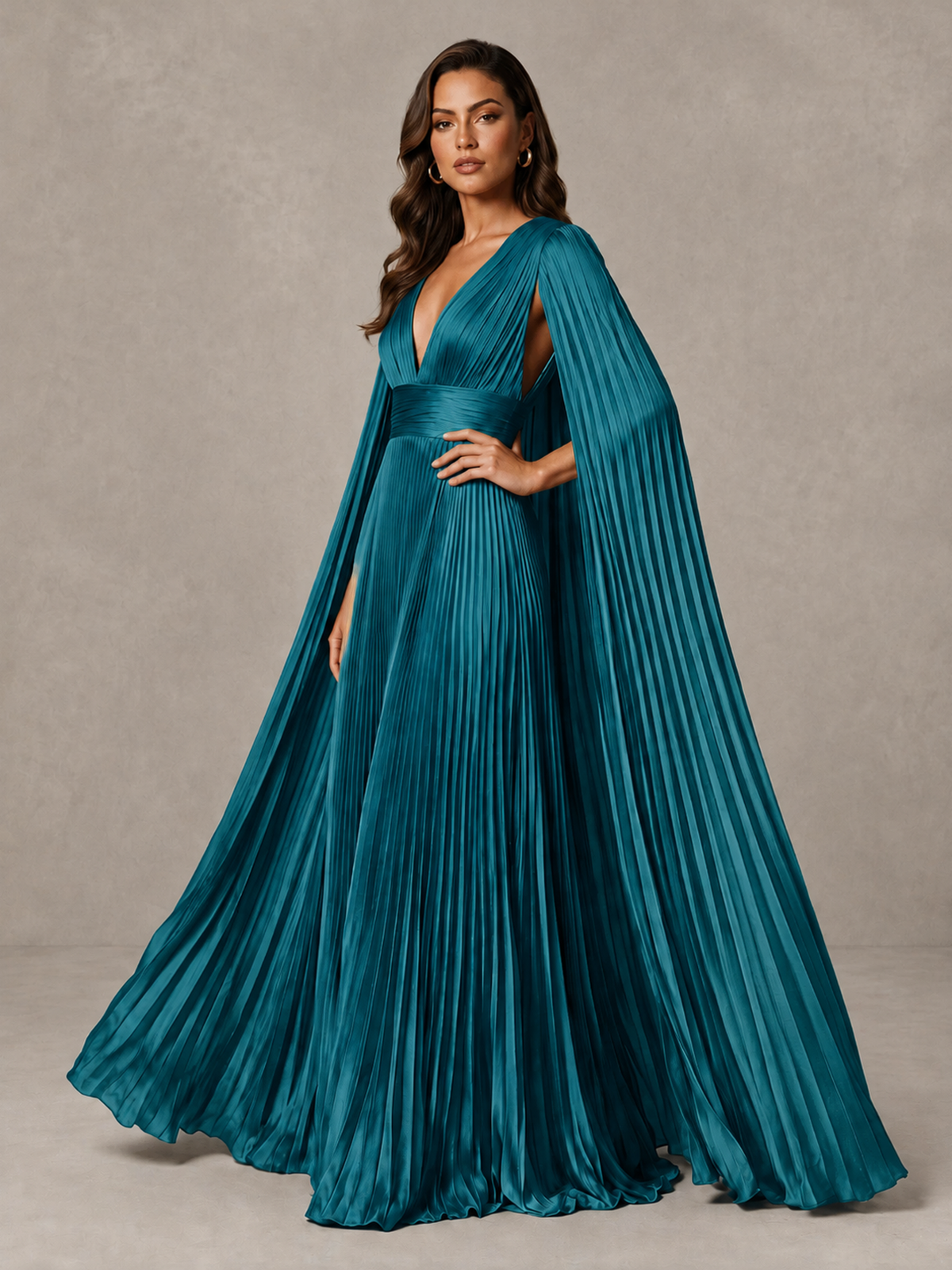 BOLODOO Peacock Deep V-Neck Pleated Cape Sleeve Evening Gown - Peacock - Peacock_4
