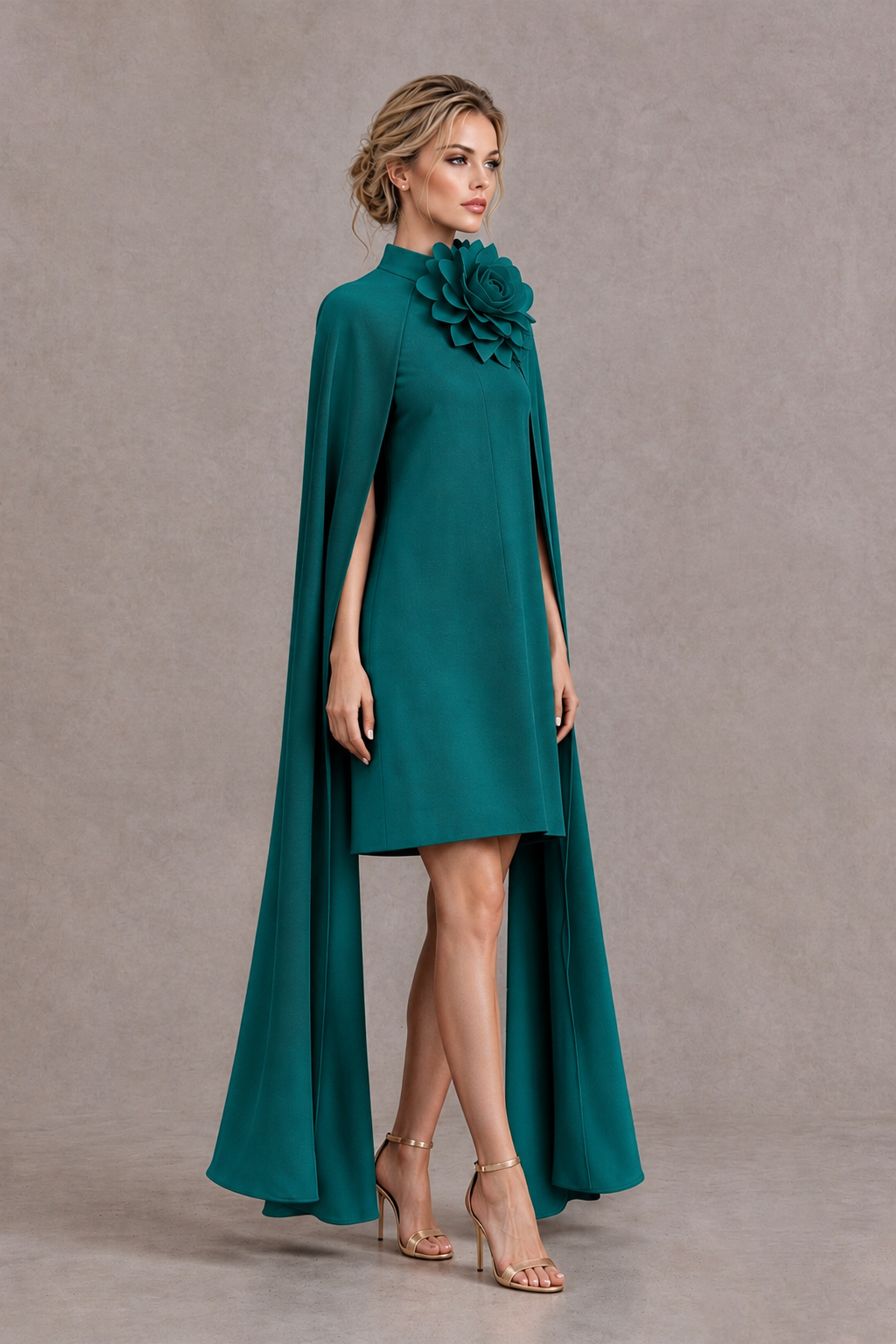 BOLODOO Peacock High Neck Floral Cape Mini Cocktail Dress - Peacock - Peacock_4