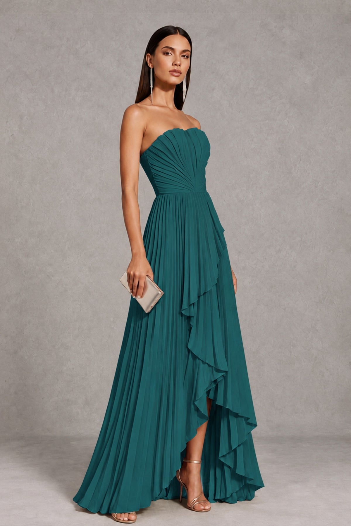Peacock Strapless Pleated High-Low Evening Gown with Ruffle Hem - Peacock