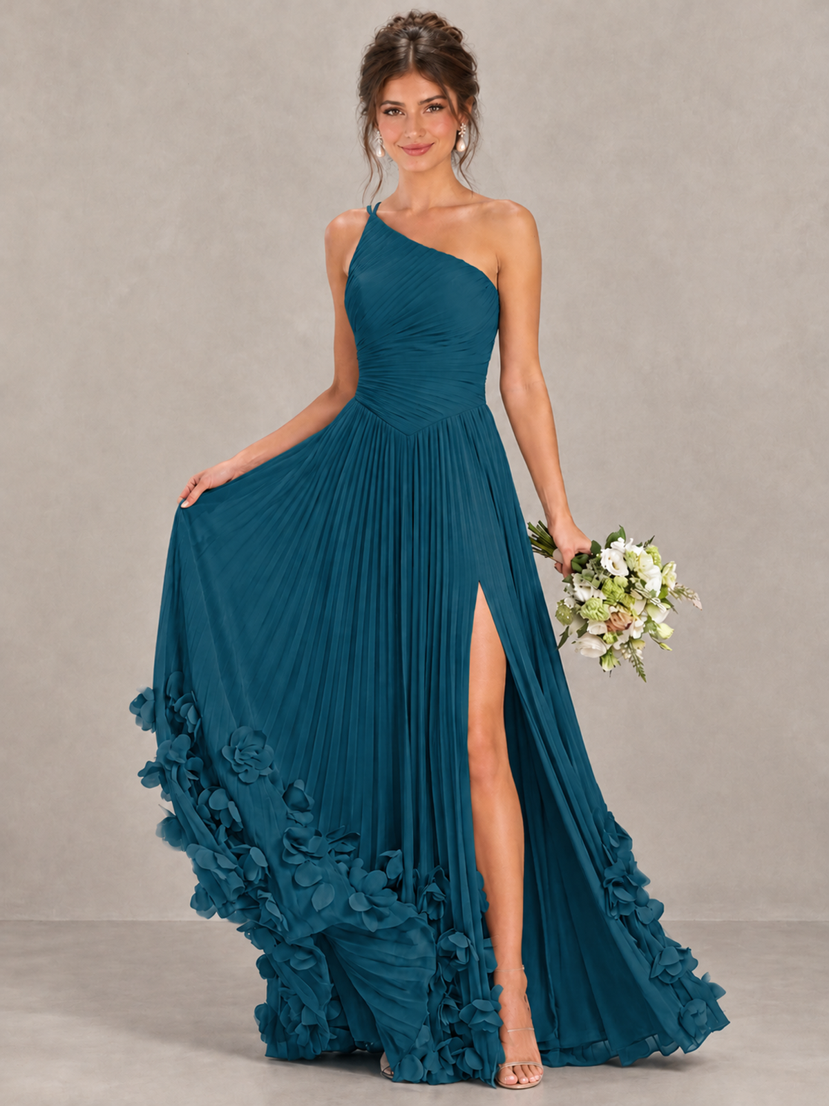 BOLODOO Peacock One-Shoulder Pleated Bridesmaid Dress with 3D Floral Hem - Peacock - Peacock_4