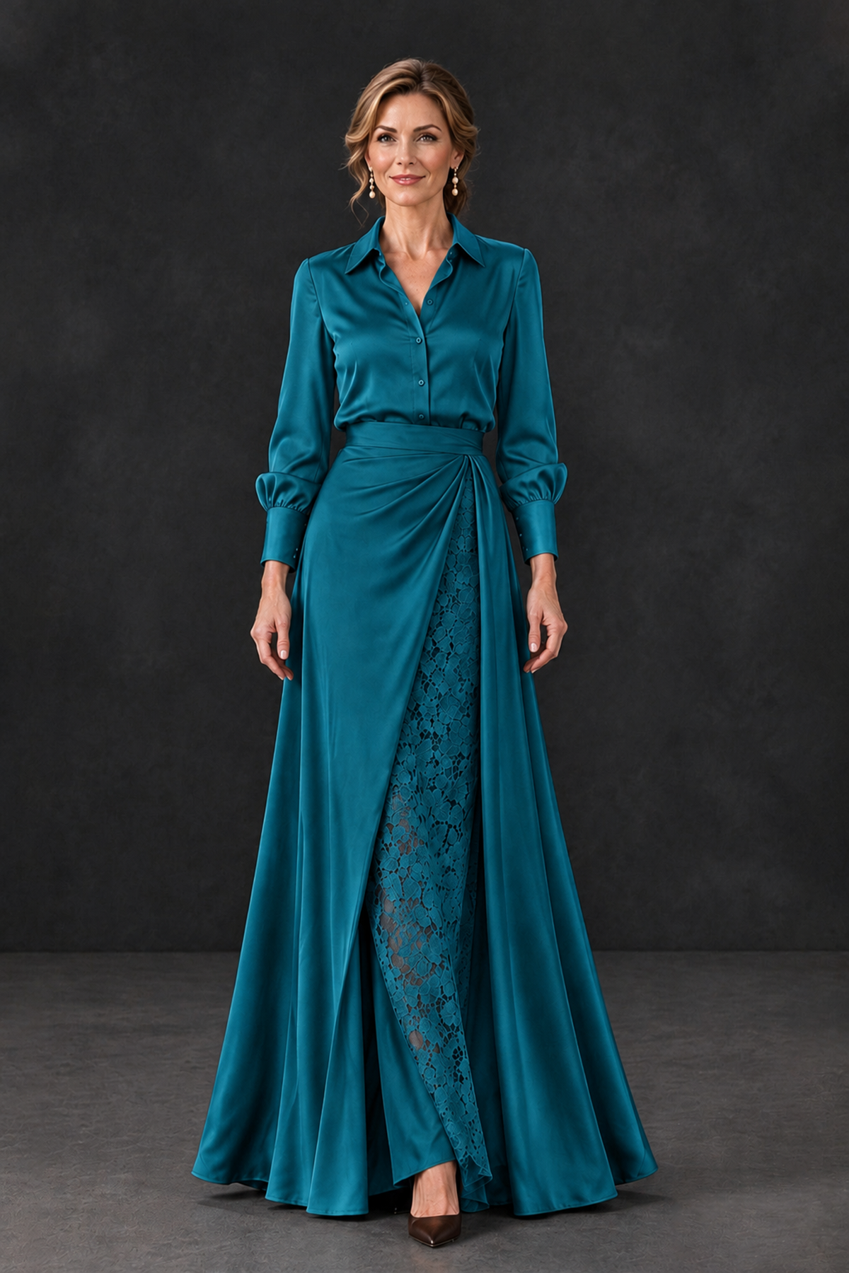 BOLODOO Peacock Long Sleeve Satin-Look Lace Panel Gown - Peacock - Peacock_4