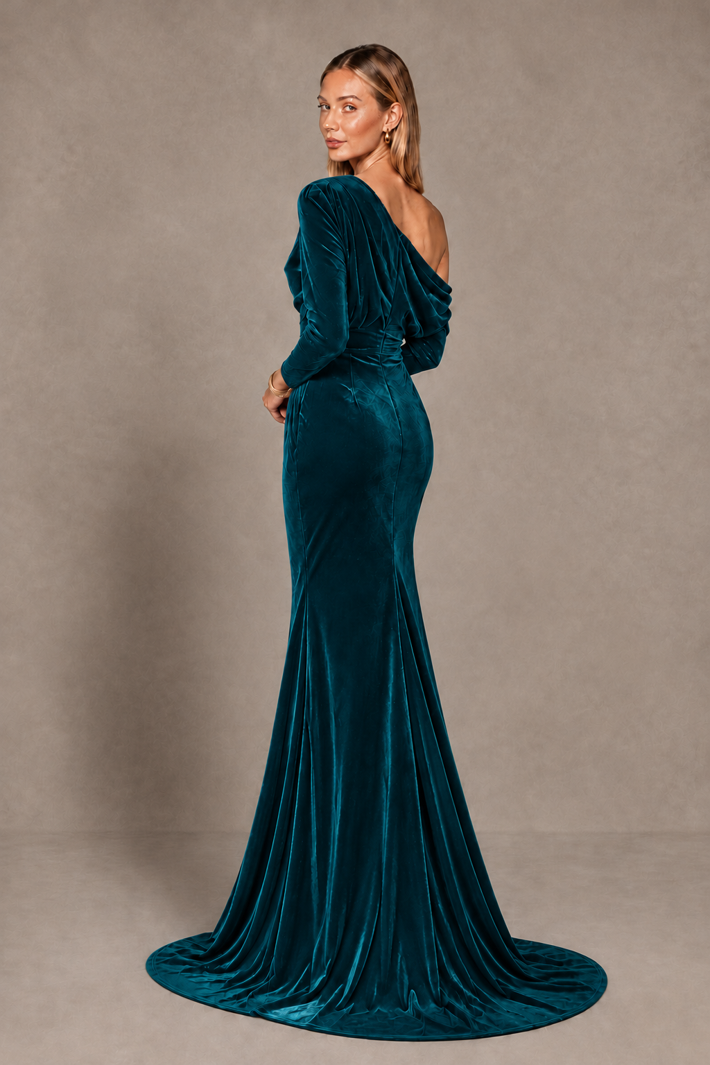 BOLODOO Peacock Velvet Asymmetric Neck Mermaid Evening Dress - Peacock - Peacock_4