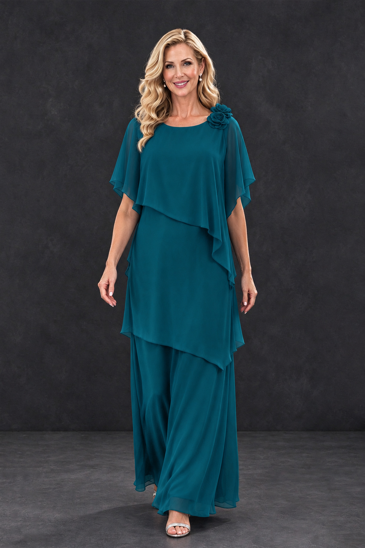 BOLODOO Peacock Tiered Flutter Sleeve Mother of the Bride Maxi Dress - Peacock - Peacock_4