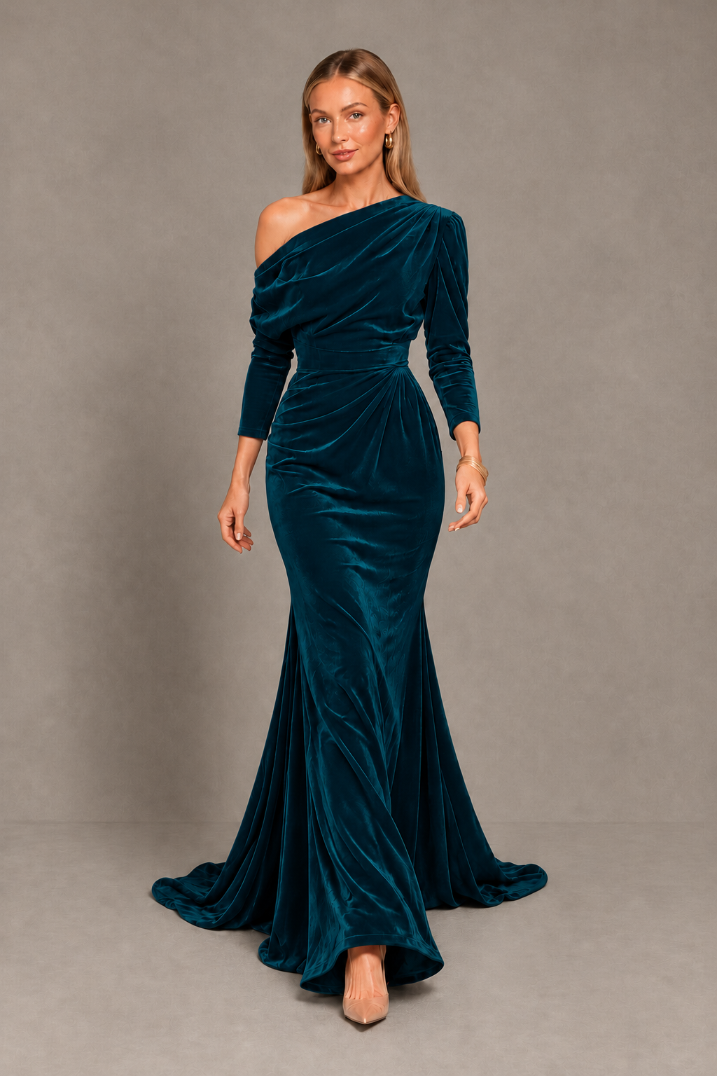 BOLODOO Peacock Velvet Asymmetric Neck Mermaid Evening Dress - Peacock - Peacock_5