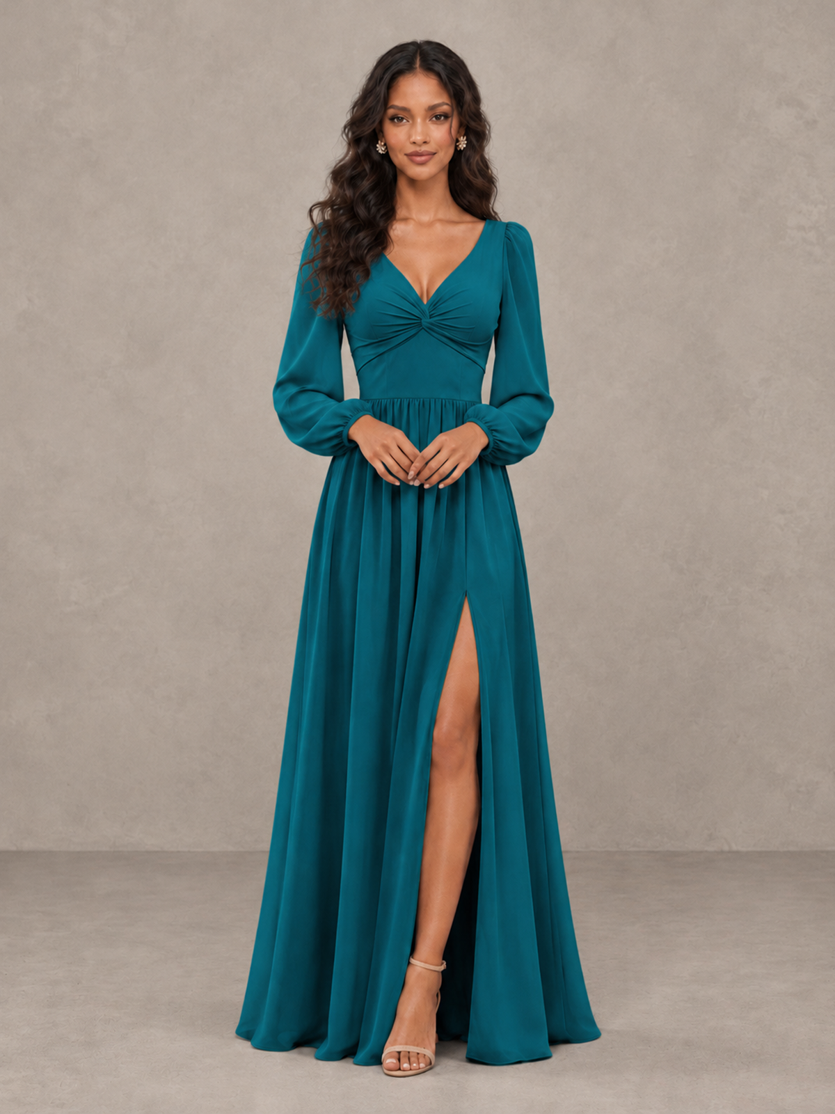 BOLODOO Peacock V-Neck Long Sleeve Bridesmaid Dress with Tie Back and Slit - Peacock - Peacock_5