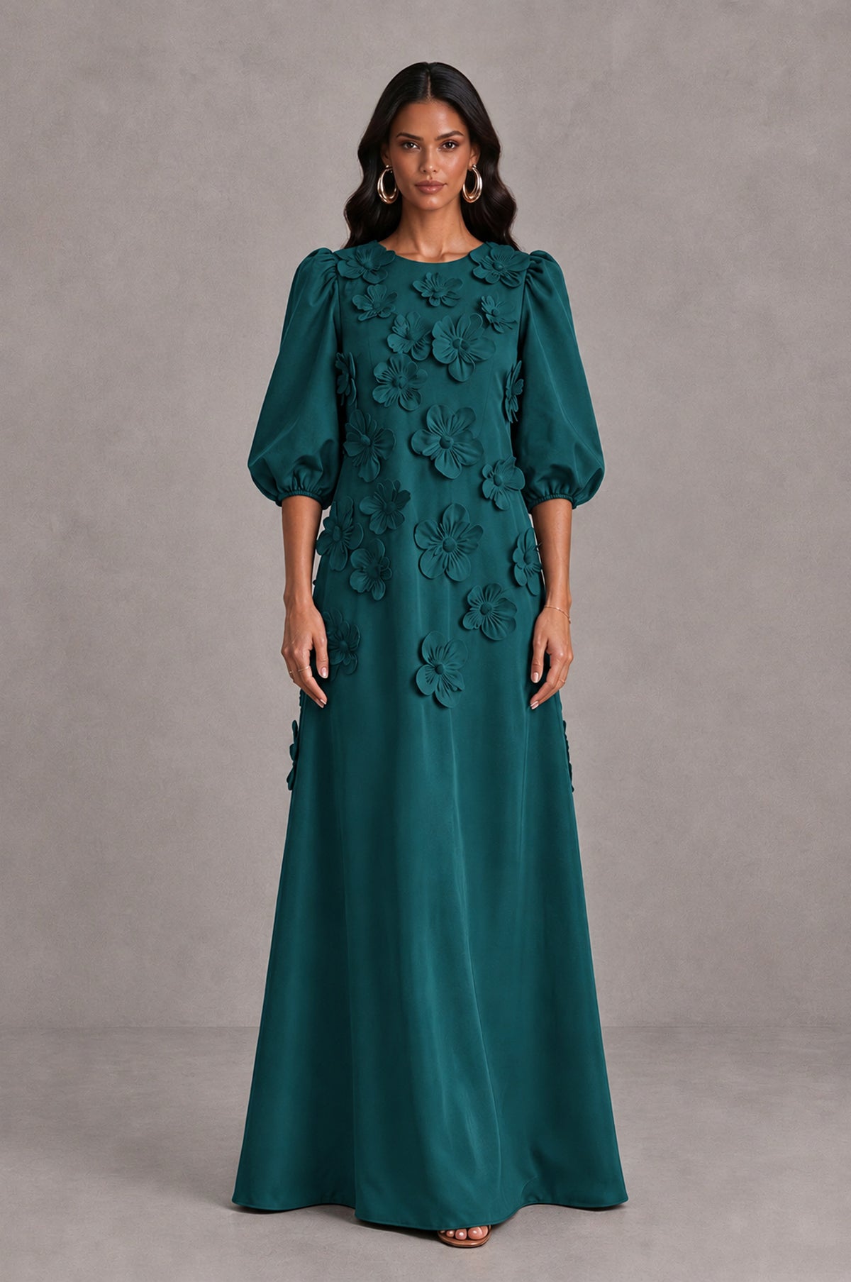BOLODOO Peacock Floral Applique Puff Sleeve A-Line Evening Dress - Peacock - Peacock (1)