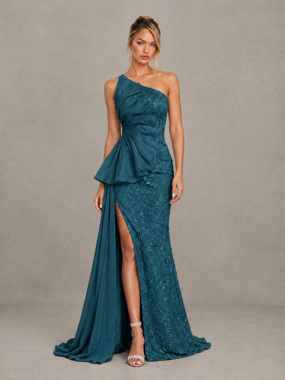 BOLODOO Peacock One-Shoulder Floral Lace Evening Gown with High Slit - Peacock - Peacock (1)