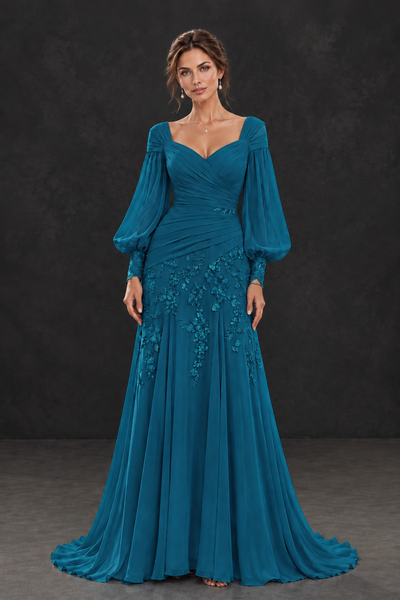 BOLODOO Peacock Long Sleeve Mother of the Bride Dress with Floral Appliqués - Peacock - Peacock (1)