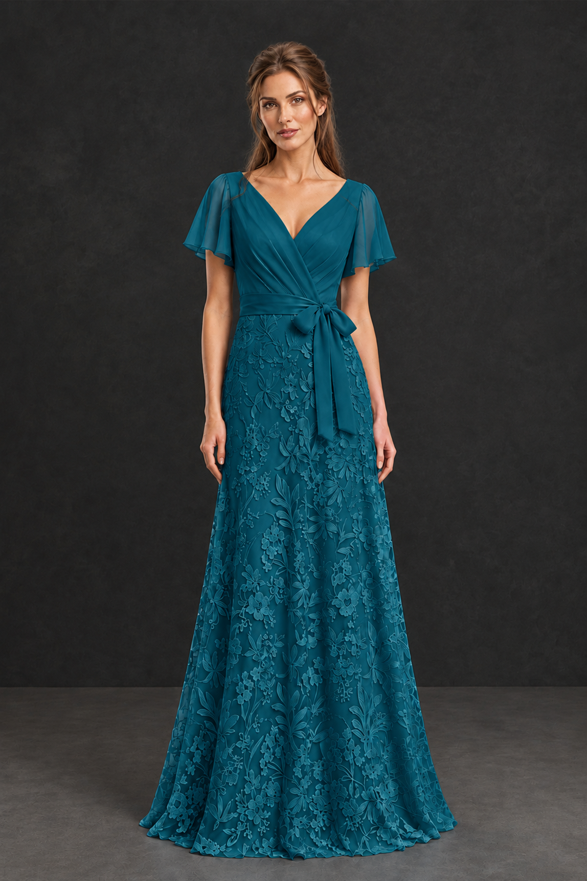 BOLODOO Peacock Flutter Sleeve Lace Mother of the Bride Dress - Peacock