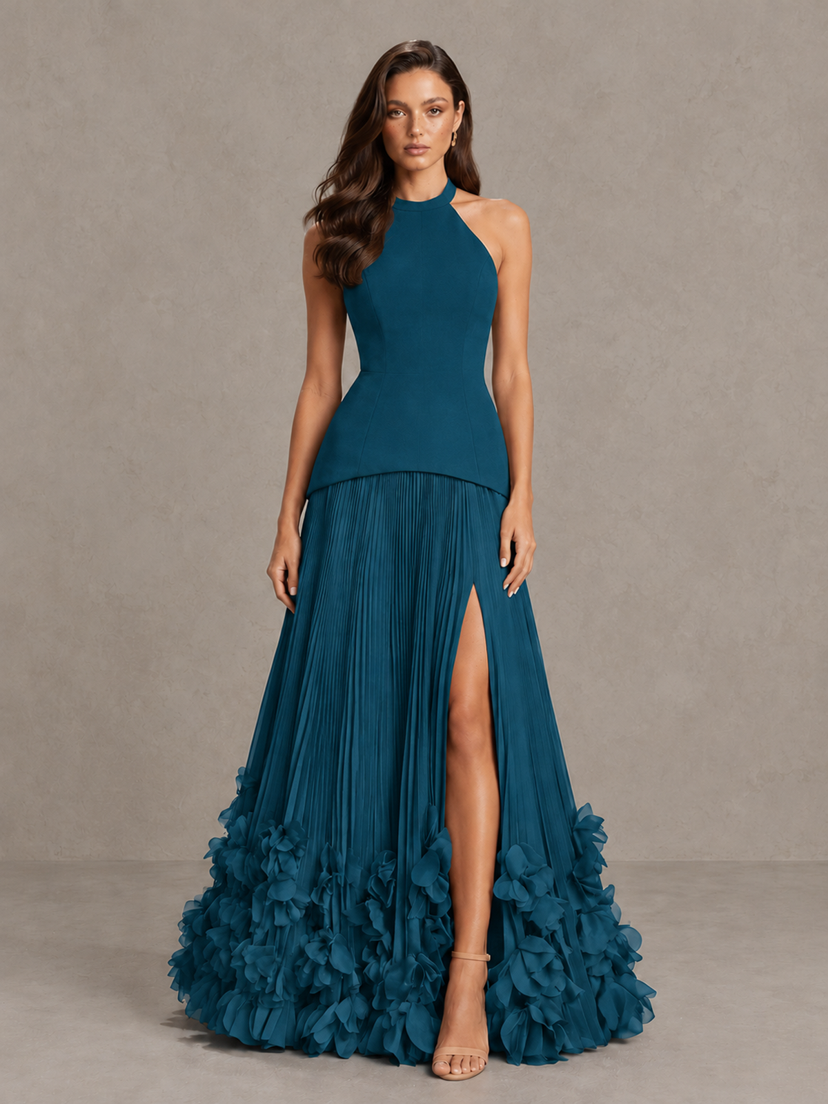 BOLODOO Peacock Halter Neck Floor-Length Evening Gown with High Slit & 3D Floral Hem - Peacock - Peacock (1)