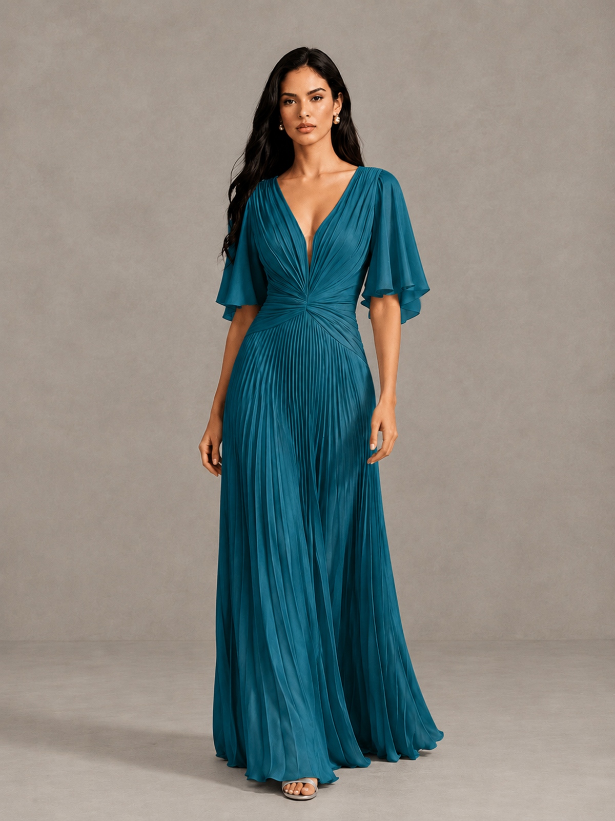 BOLODOO Peacock Pleated V-Neck Flutter Sleeve Bridesmaid Dress - Peacock - Peacock (1)