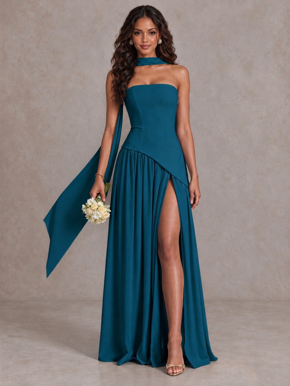 Peacock Strapless Bridesmaid Dress with Scarf & High Slit - Peacock - Peacock (1)