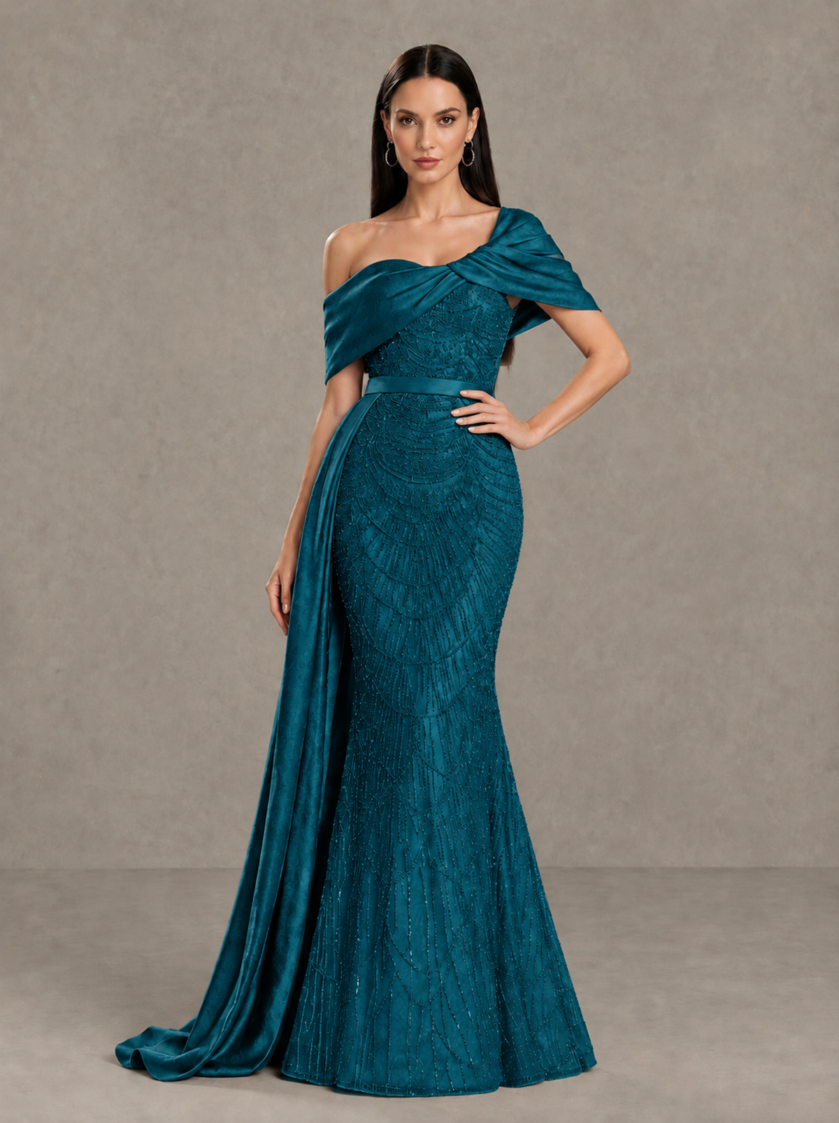 BOLODOO Peacock Asymmetric Draped Mermaid Evening Gown with Train - Peacock - Peacock (1)