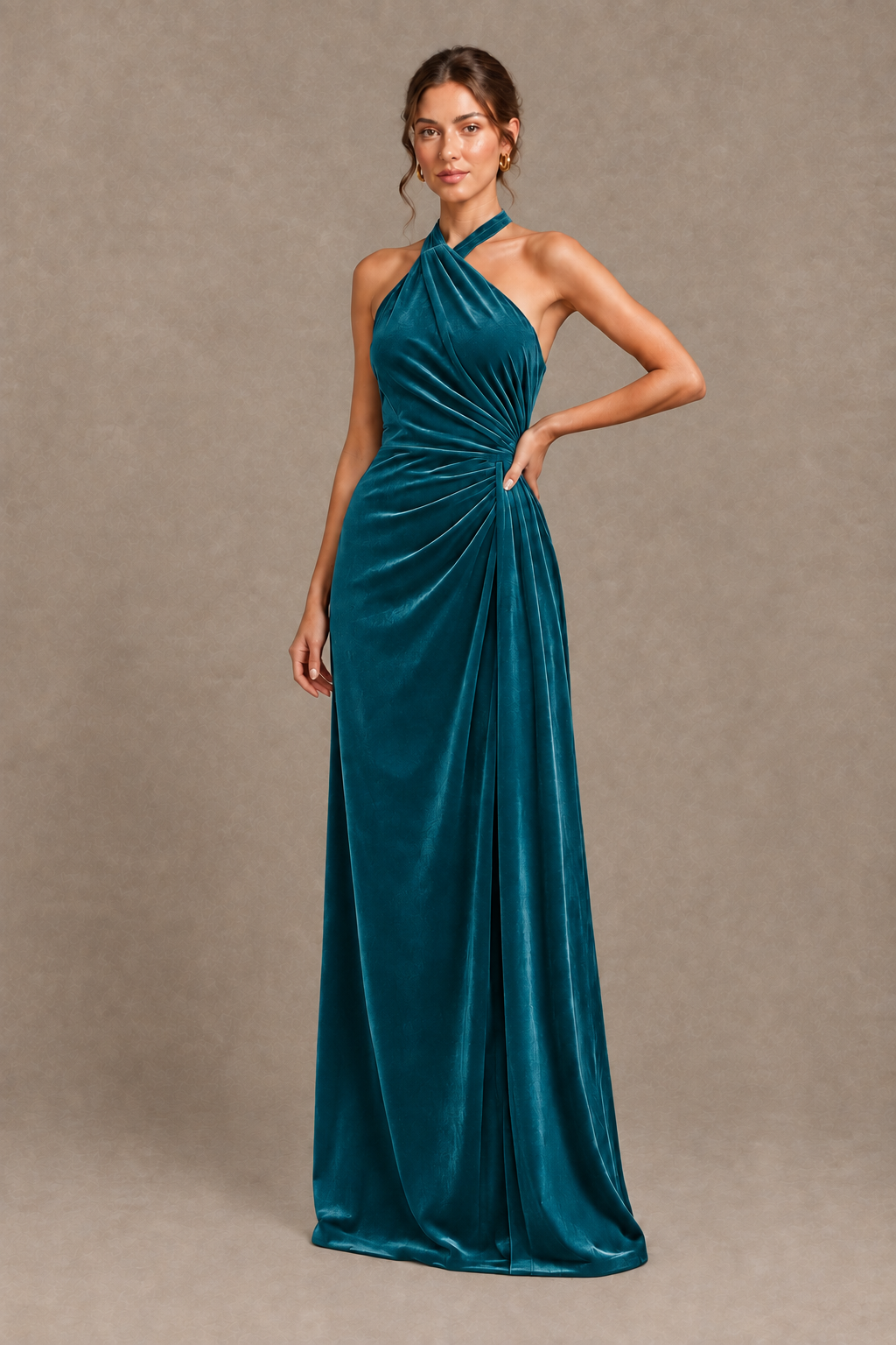 BOLODOO Peacock Velvet Halter Neck Open Back Evening Gown - Peacock